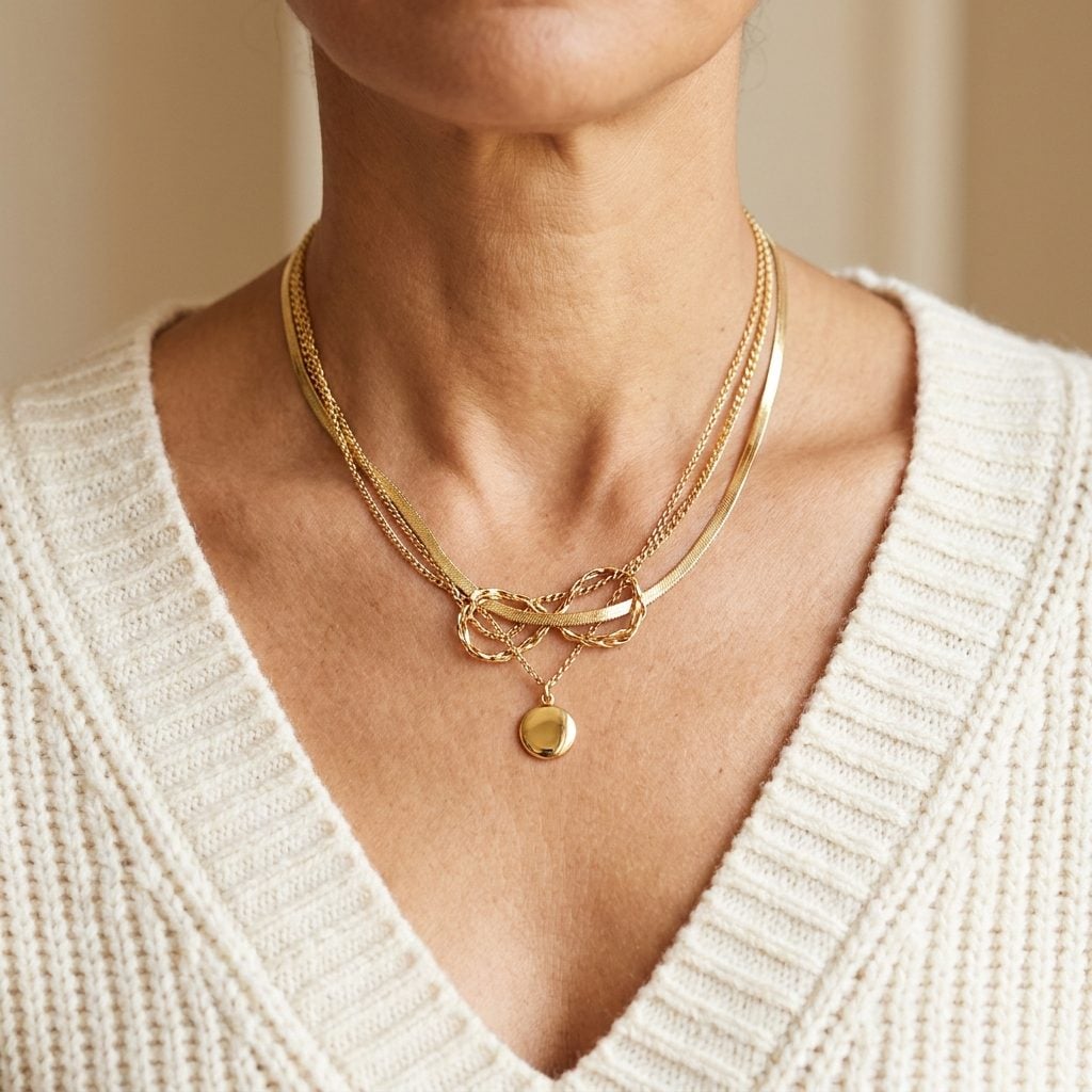 Layering Three Necklaces of Similar Length So They Tangle and Read as One Messy Chain