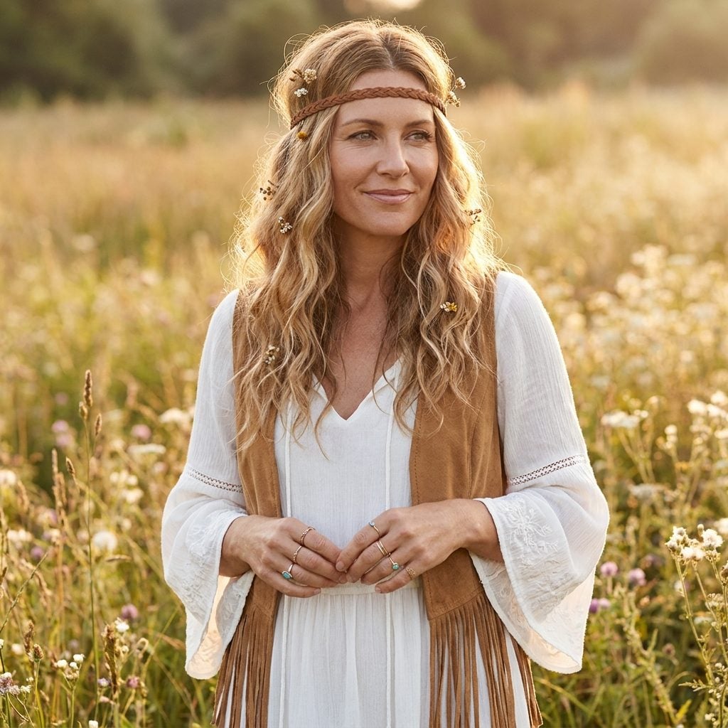 Loose Bohemian Waves With a Middle Part and Flowers or a Headband Tucked In