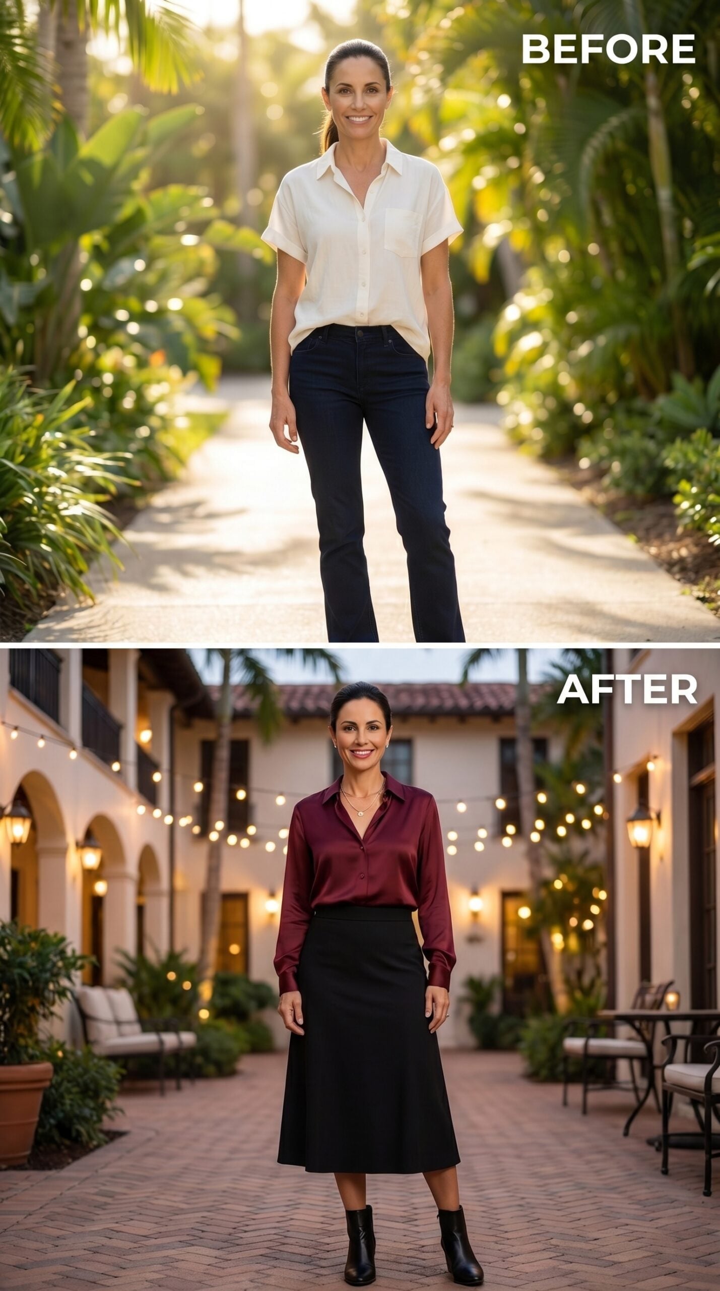 Burgundy Silk at 45, String Lights Behind Her, and What Reclaiming a Night Out Actually Looks Like