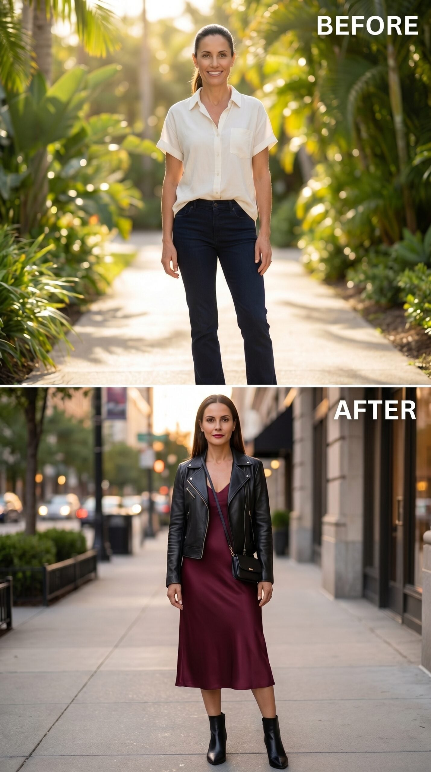 Burgundy Slip Dress, Leather Jacket, City Sidewalk Light, and What She Looks Like Now