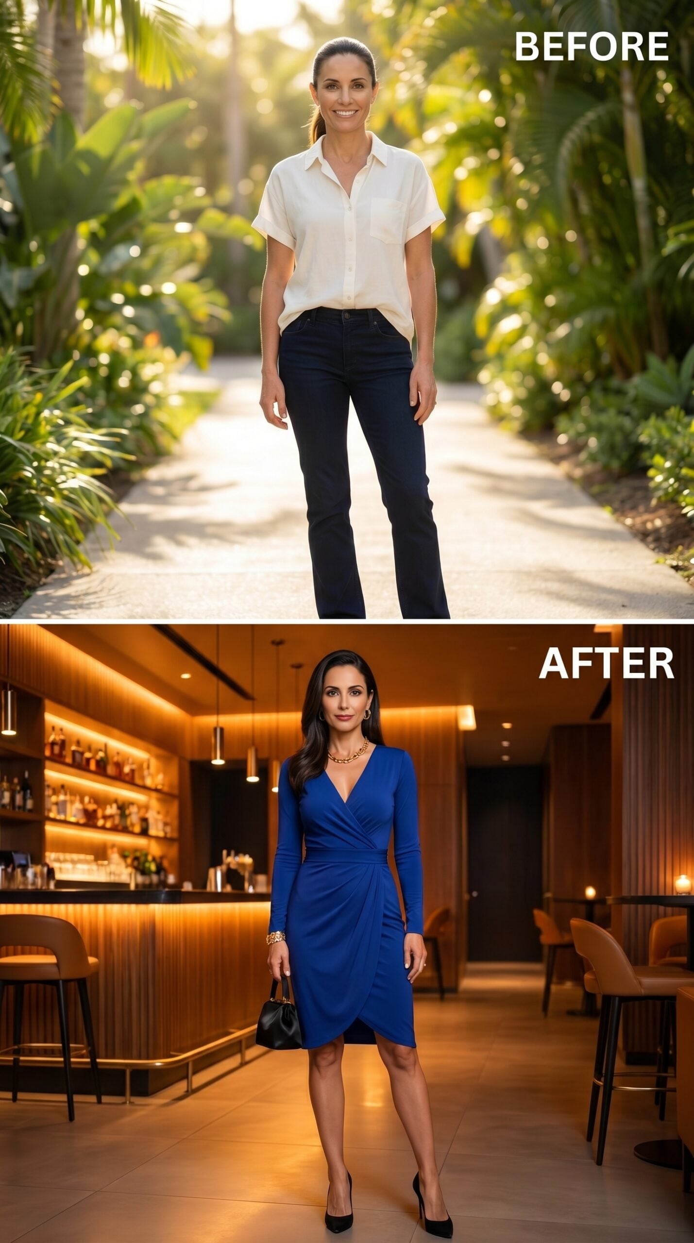 Cobalt Blue, Warm Bar Light, and What It Looks Like When She Dresses for the Room She Deserves
