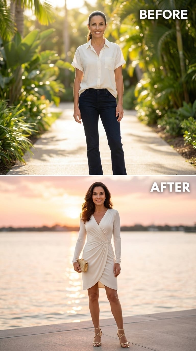 Cream Wrap Dress, Waterfront Sunset, and What She Looks Like When She Stops Apologizing for Taking Up Space