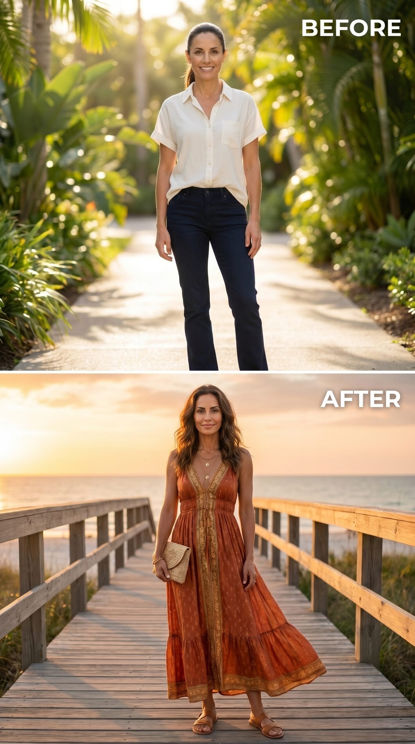 Rust Boho Dress, Boardwalk Sunset, and What She Looks Like When She Stops Dressing for Someone Else