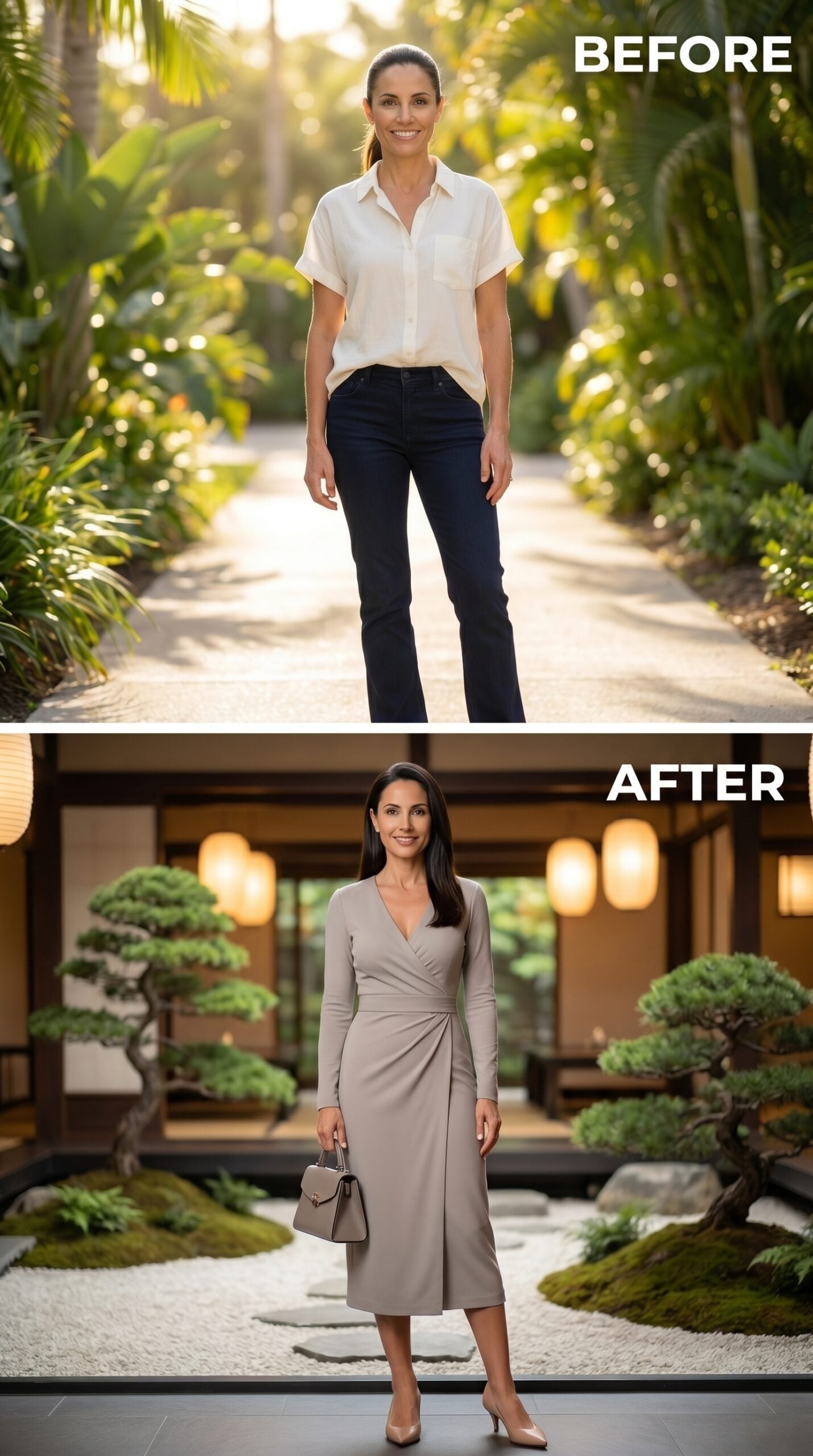 Taupe Wrap Dress in a Zen Garden and Why Understated Finally Feels Like Power