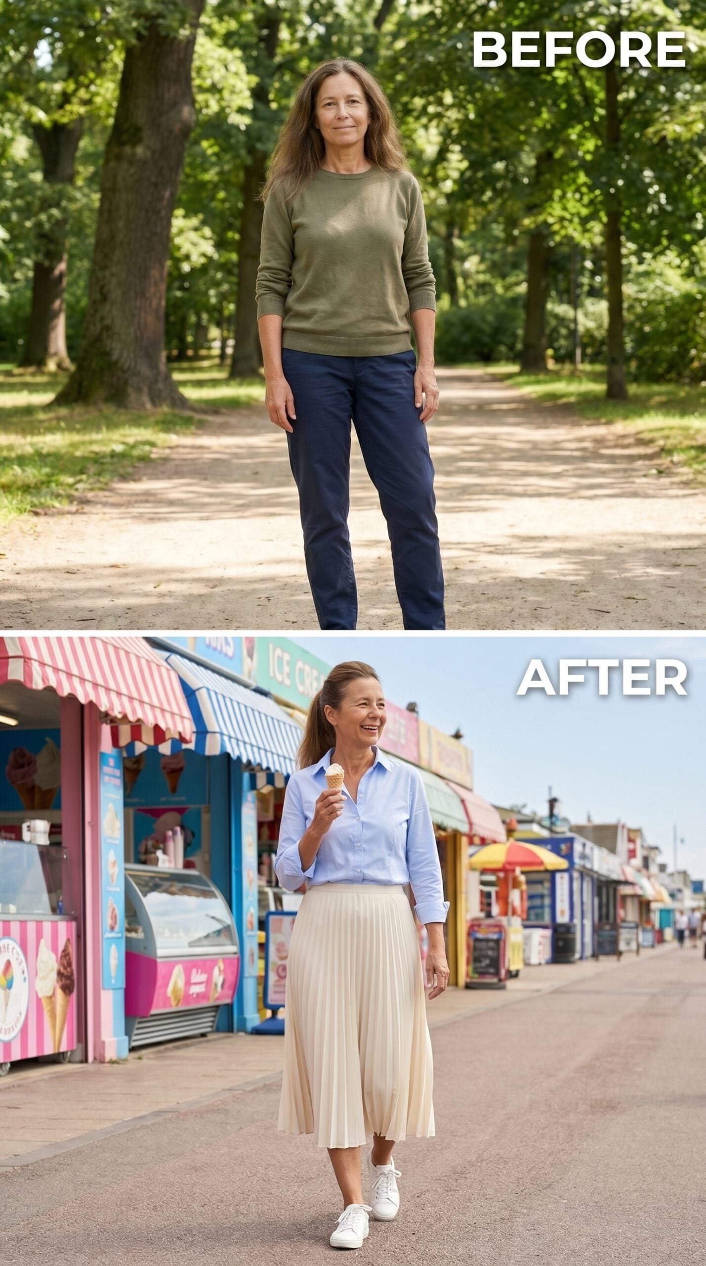 Blue Shirt, Pleated Midi, and the Boardwalk Look That Actually Earns Its Ease