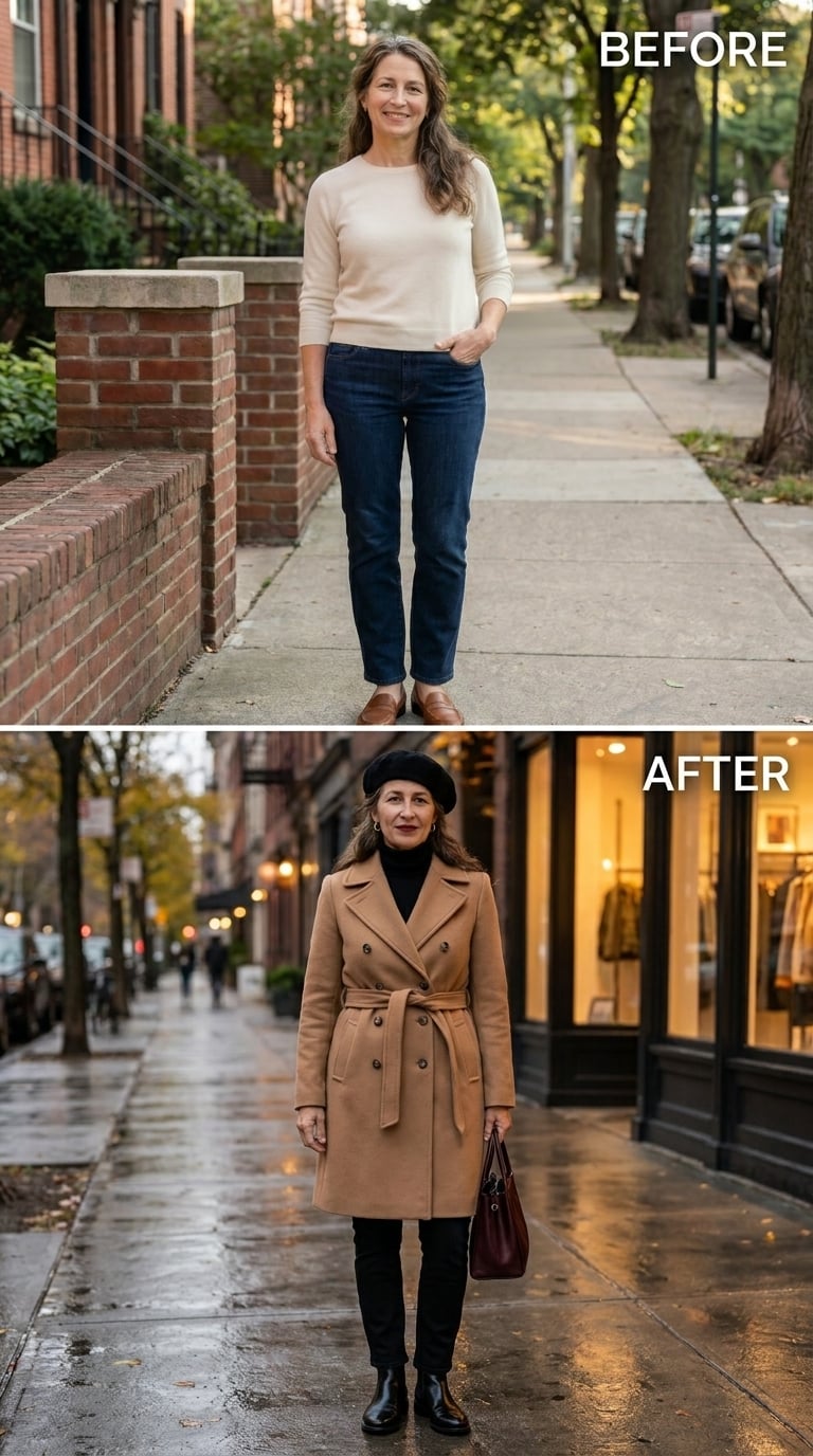Camel Coat, Black Beret, and a Rainy Street That Finally Has a Focal Point
