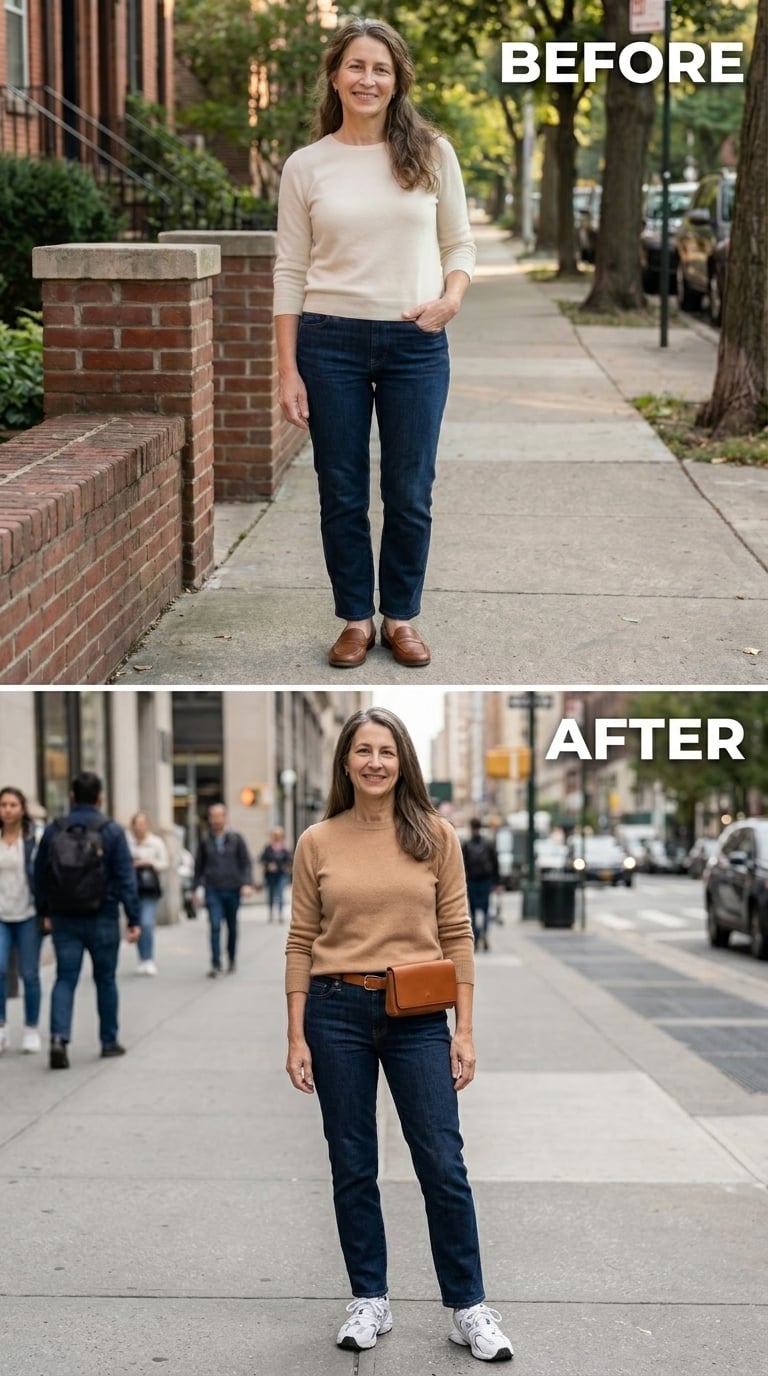 Camel Knit, a Belt Bag, and White Sneakers Walked Out Looking Like They Had Somewhere to Be