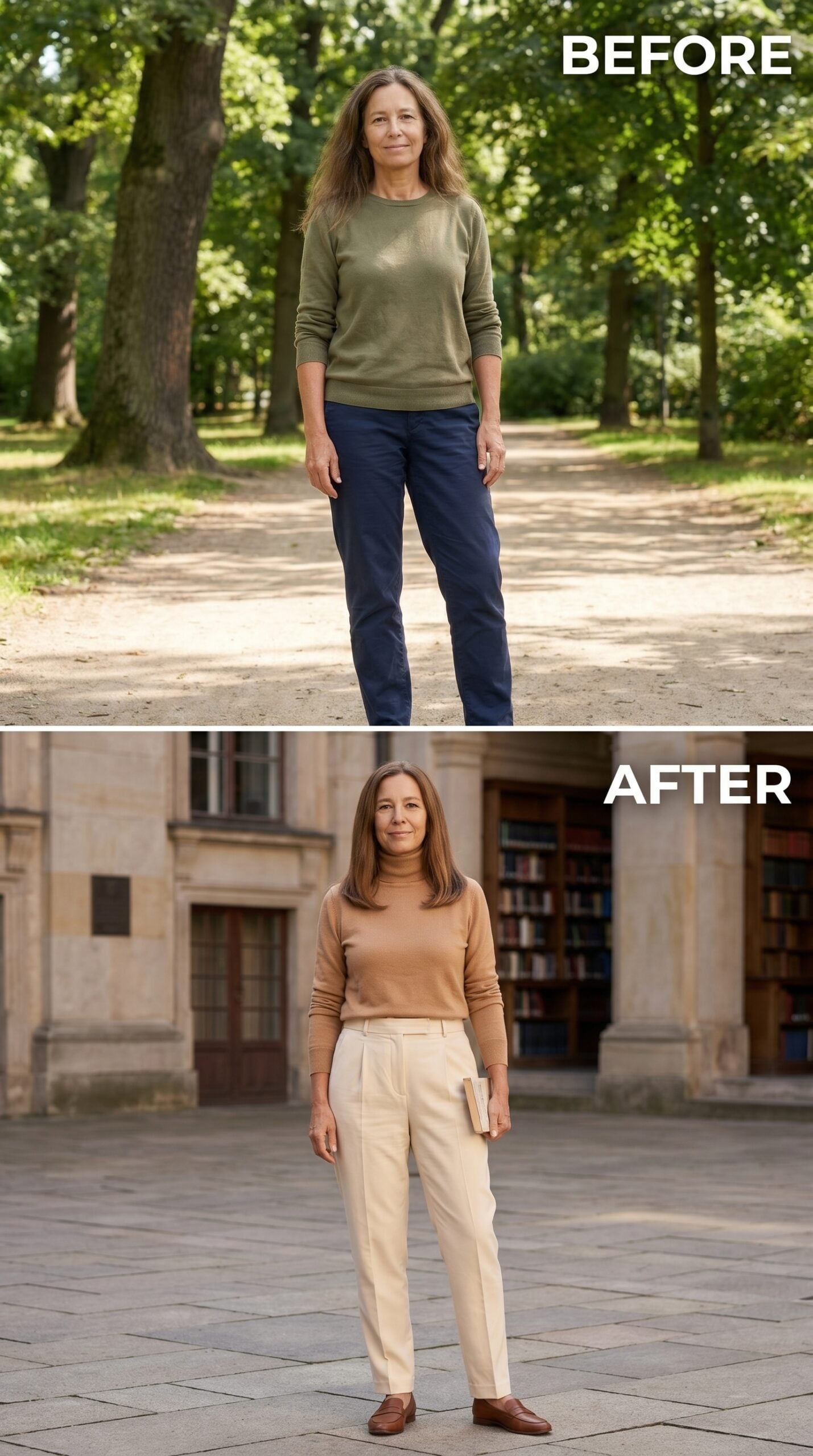 Camel Turtleneck, Cream Trousers, and the Library Courtyard Look That Knows Exactly Where It's Going