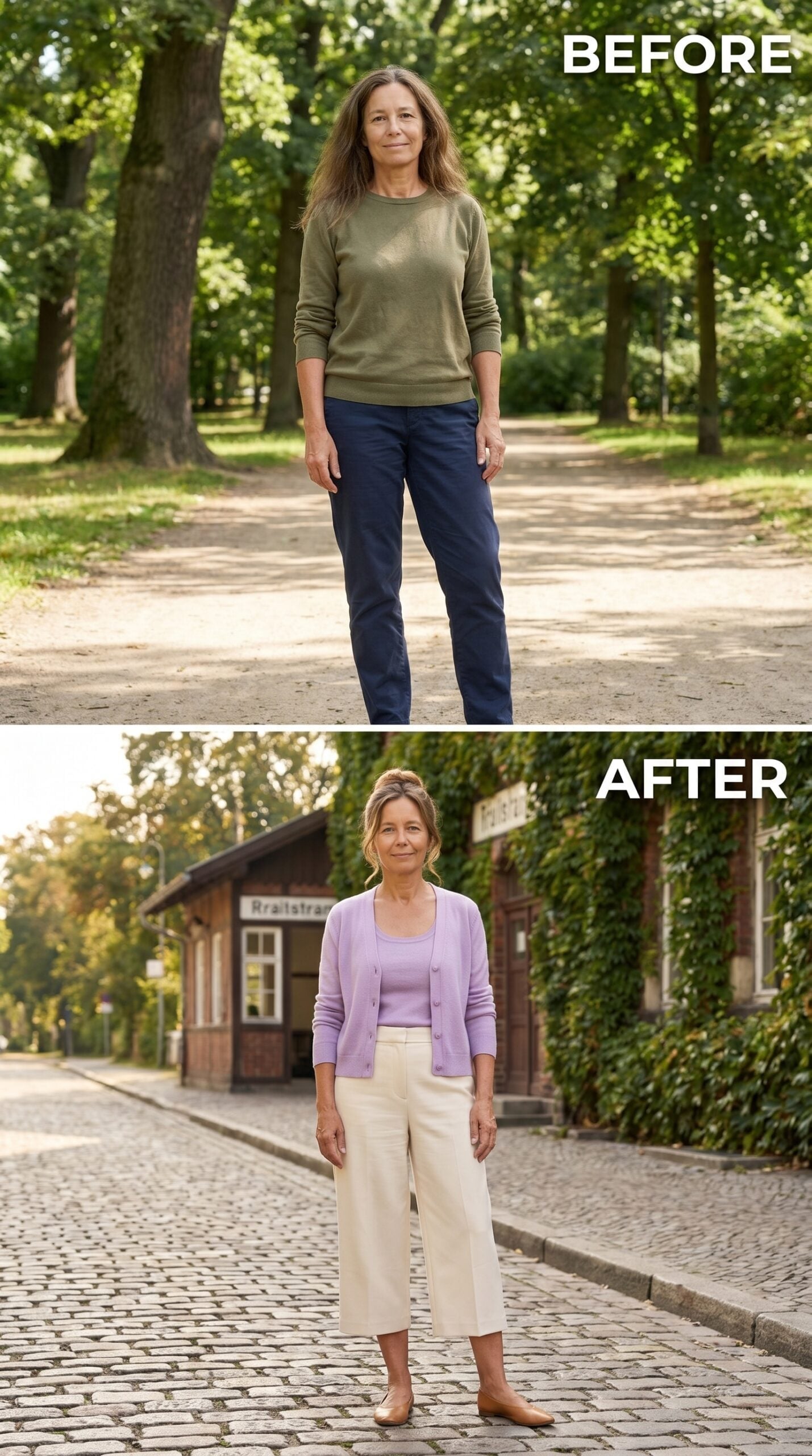 Lavender Cardigan at 60: Two Purples, One Cobblestone Street, Zero Apologies