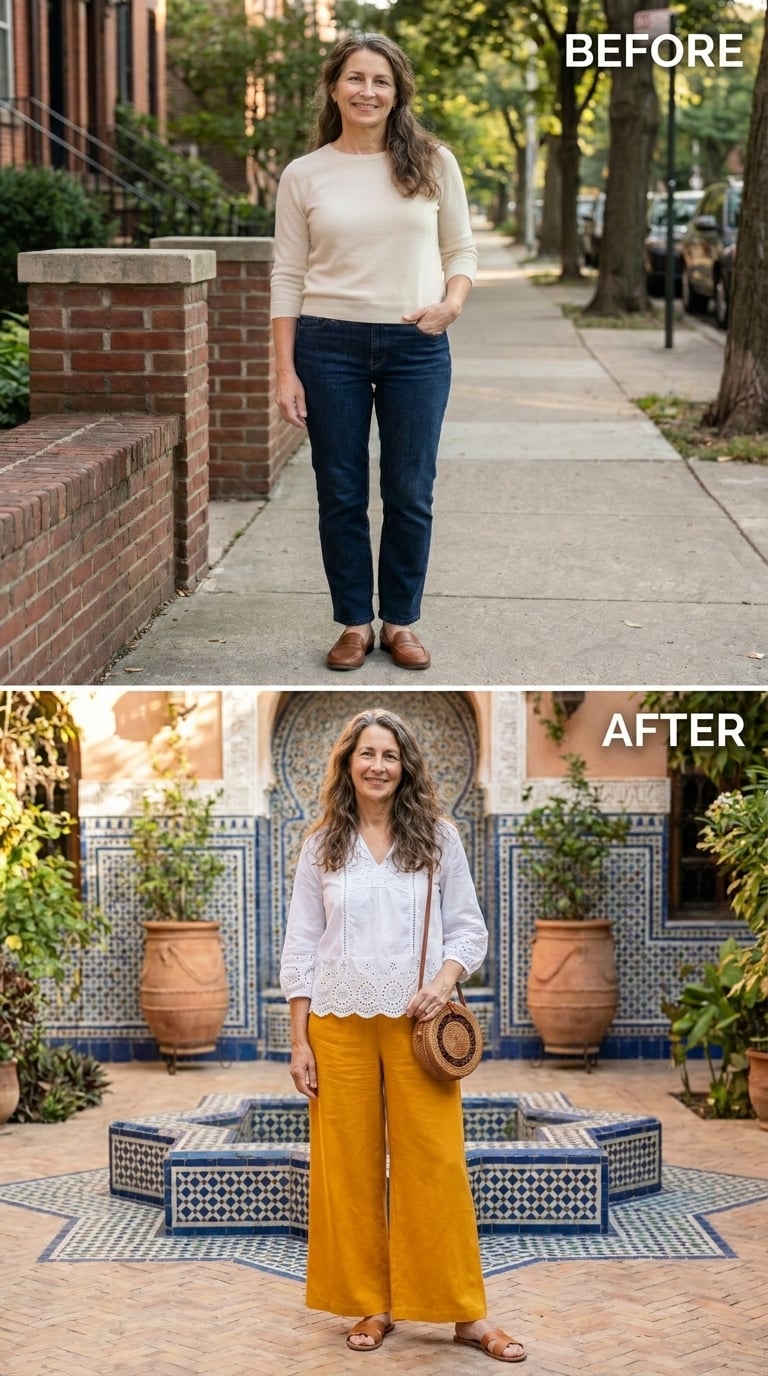 Mustard Linen and White Eyelet Found a Courtyard, and Neither One Was Leaving