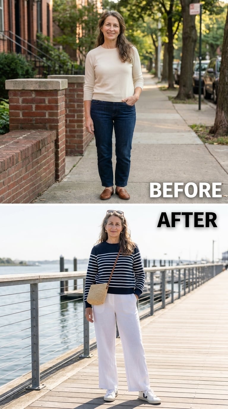Navy Stripes, White Linen, and a Waterfront That Finally Has Something to Look At
