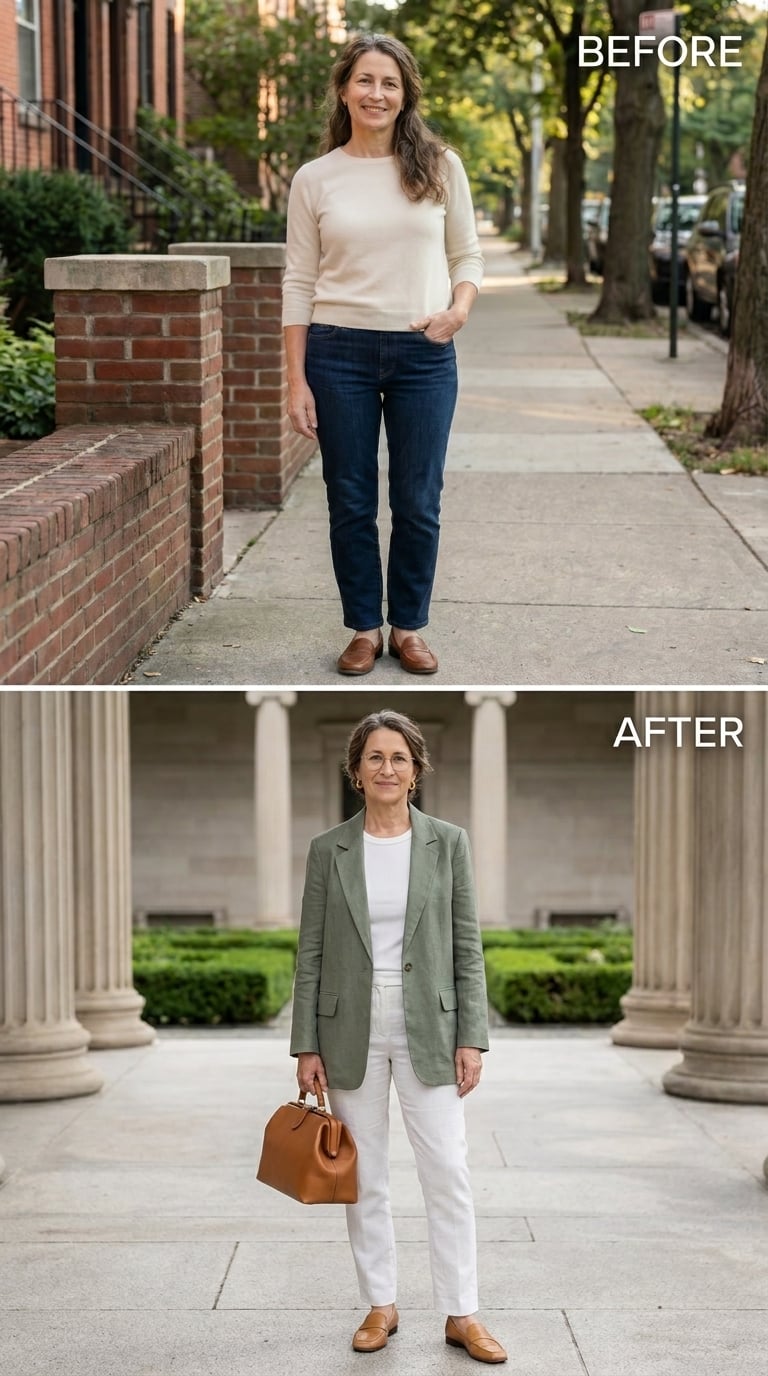 Sage Blazer, White Trousers, and the Afternoon Suddenly Has Somewhere to Be