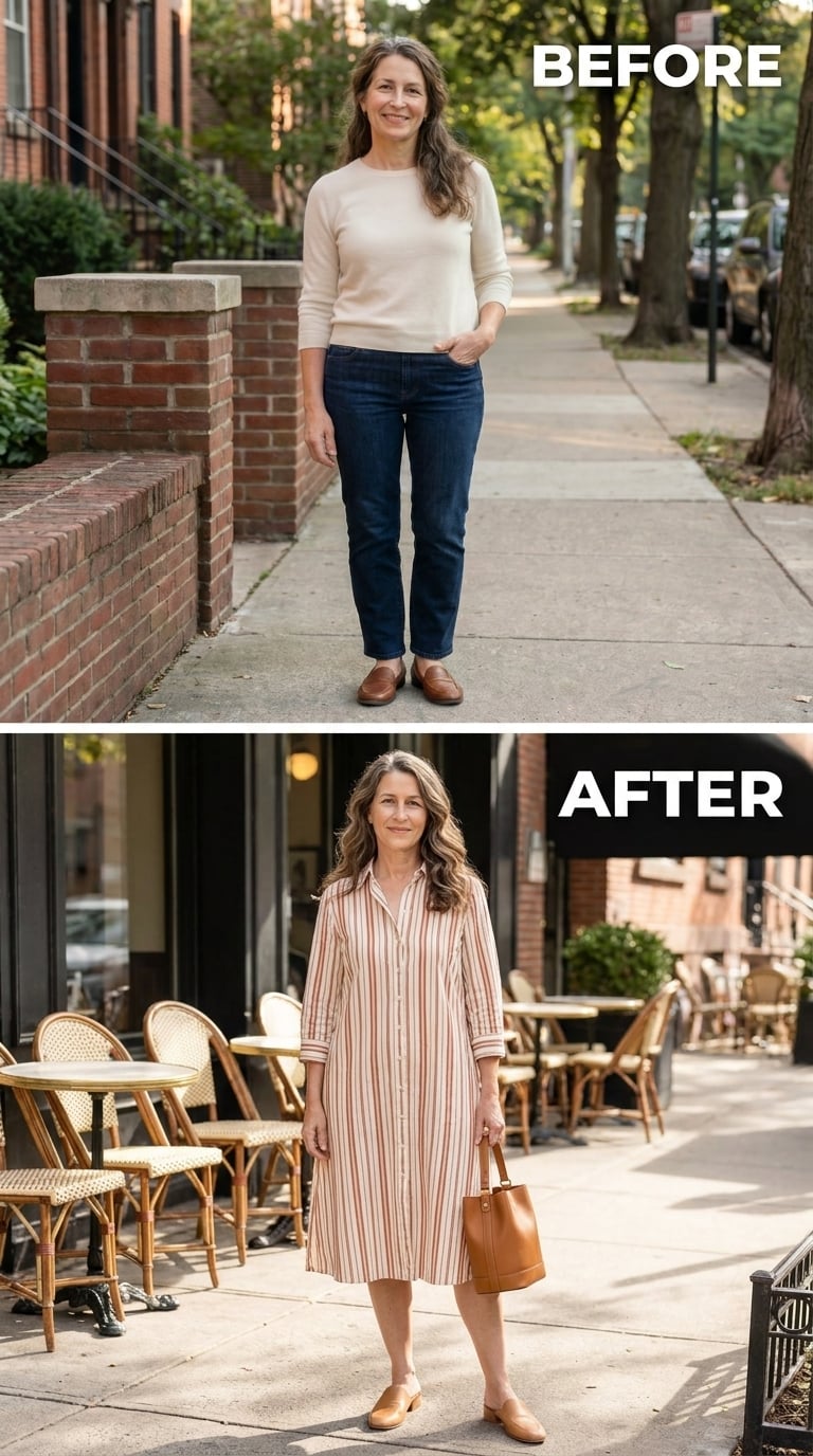 Striped Shirtdress, a Leather Tote, and the Café Terrace Just Got Interesting