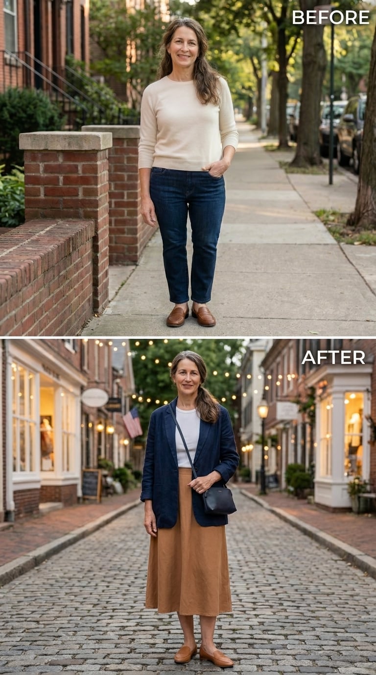 Tan Midi, Navy Blazer, and the Evening Street Finally Has Something to Look At