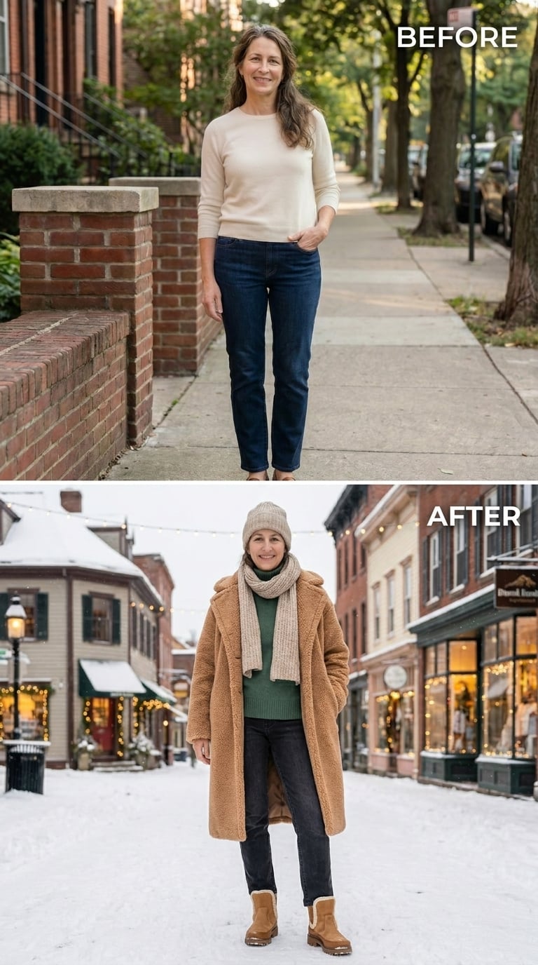 Teddy Coat, Snow Underfoot, and a Winter Street That Finally Has a Focal Point