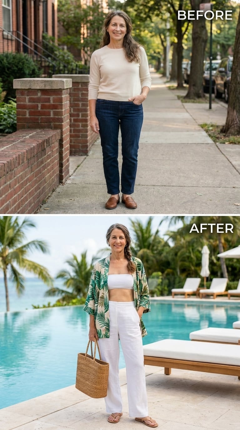 Tropical Print and Wide Trousers by a Pool, Like She Planned It All Along