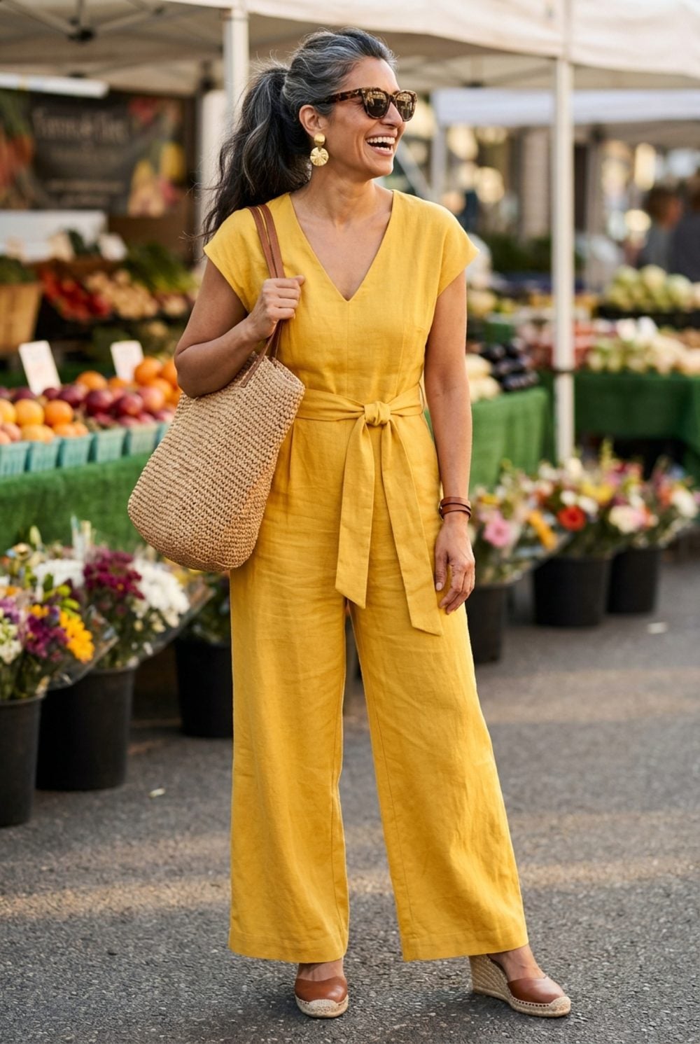 Marigold Linen Jumpsuit and Cognac Espadrilles: You Can See Her Coming a Mile Away
