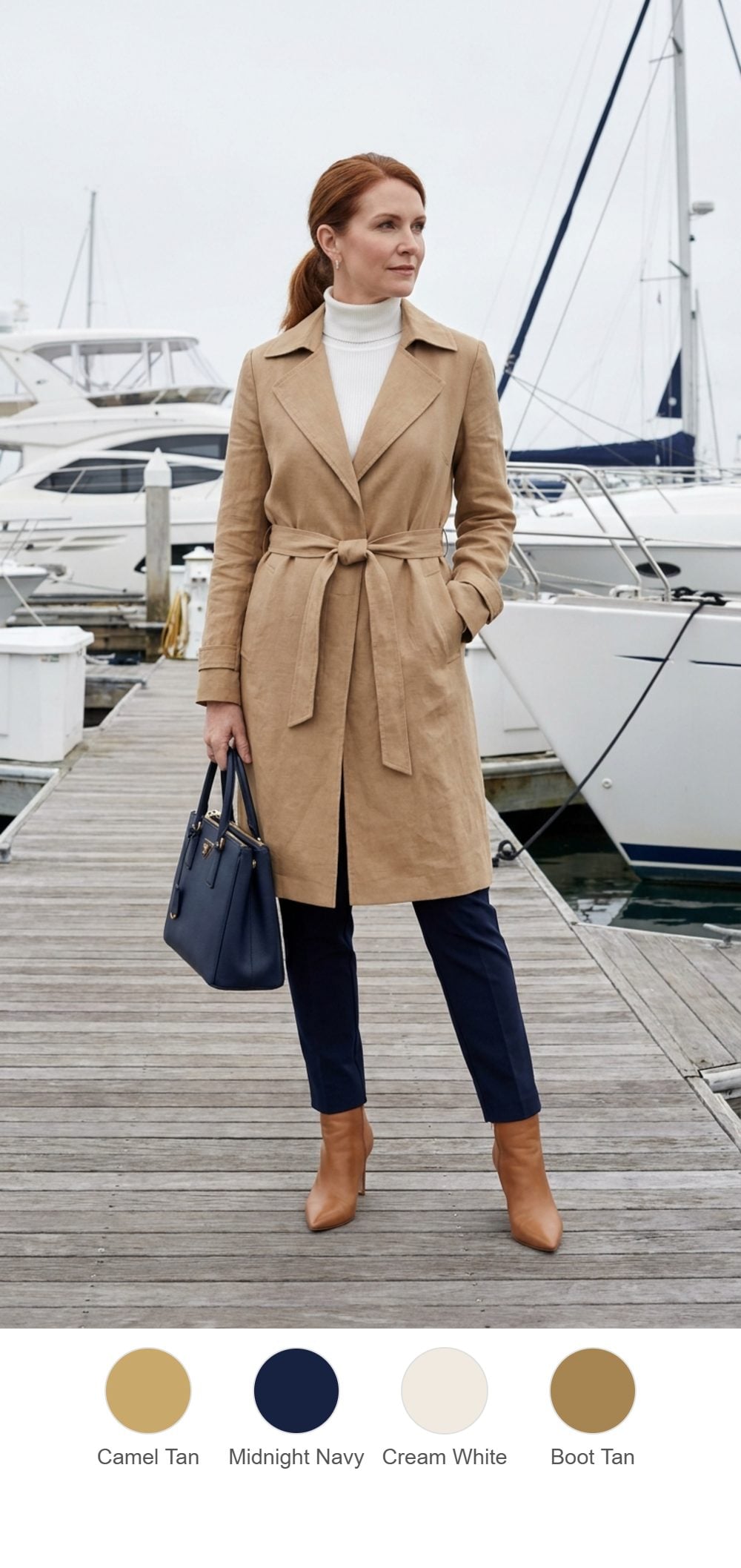 Marina Morning in a Tan Trench and Navy Ankle Trousers