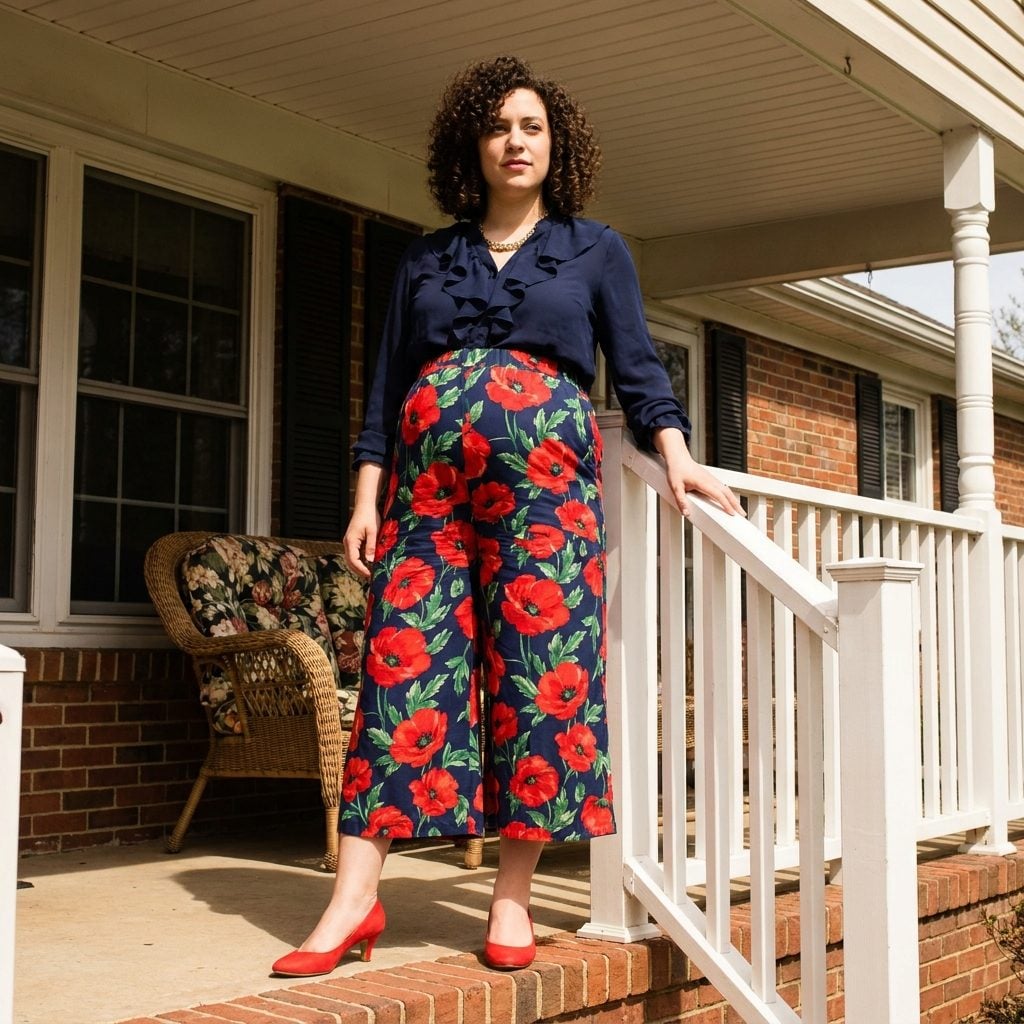 Maternity Culottes in a Bold Floral With a Coordinating Ruffled Blouse Tucked In