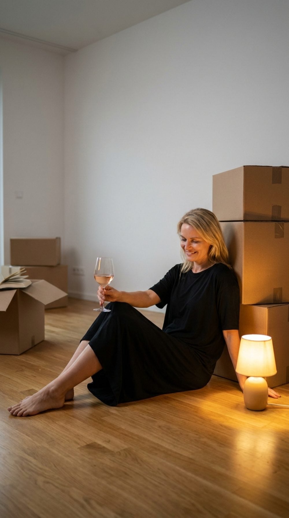 Moving Boxes, Rosé, and a Black Dress: The First Night in the Apartment That's Only Hers