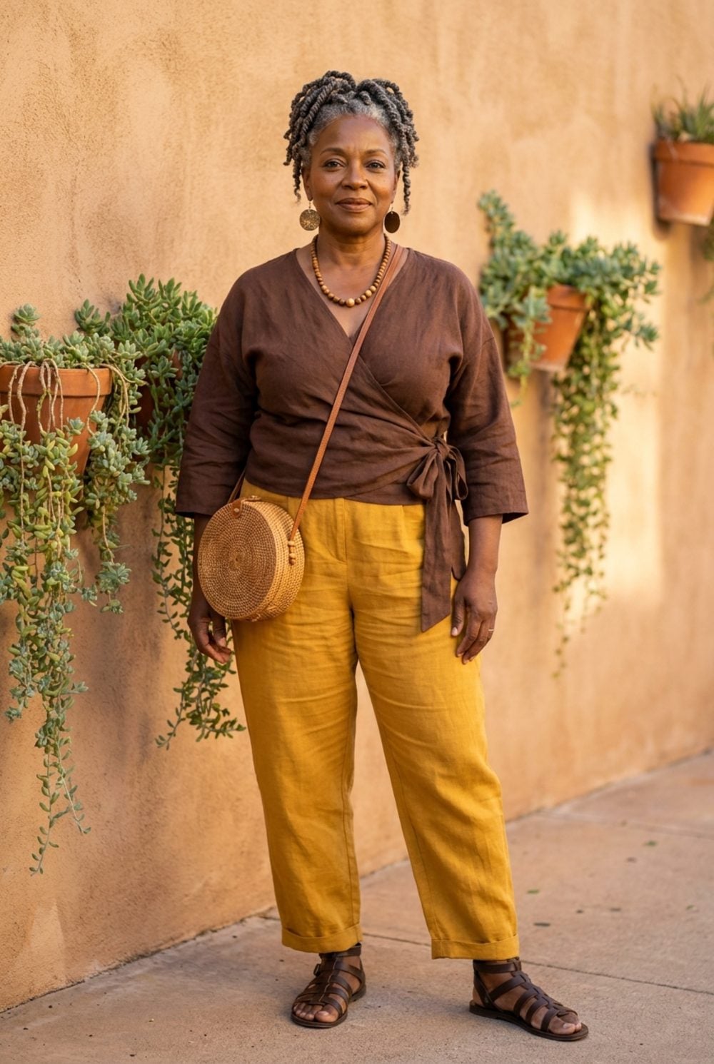 Mustard Linen and a Chocolate Wrap Top: Earth Tones With Real Warmth
