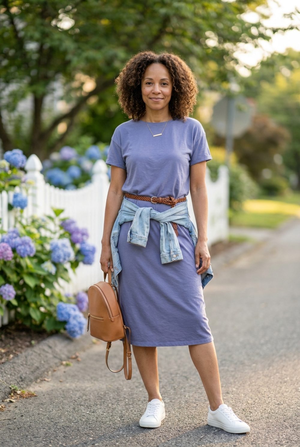 Muted Periwinkle Cotton T-Shirt Dress With a Braided Belt and Zero Apologies