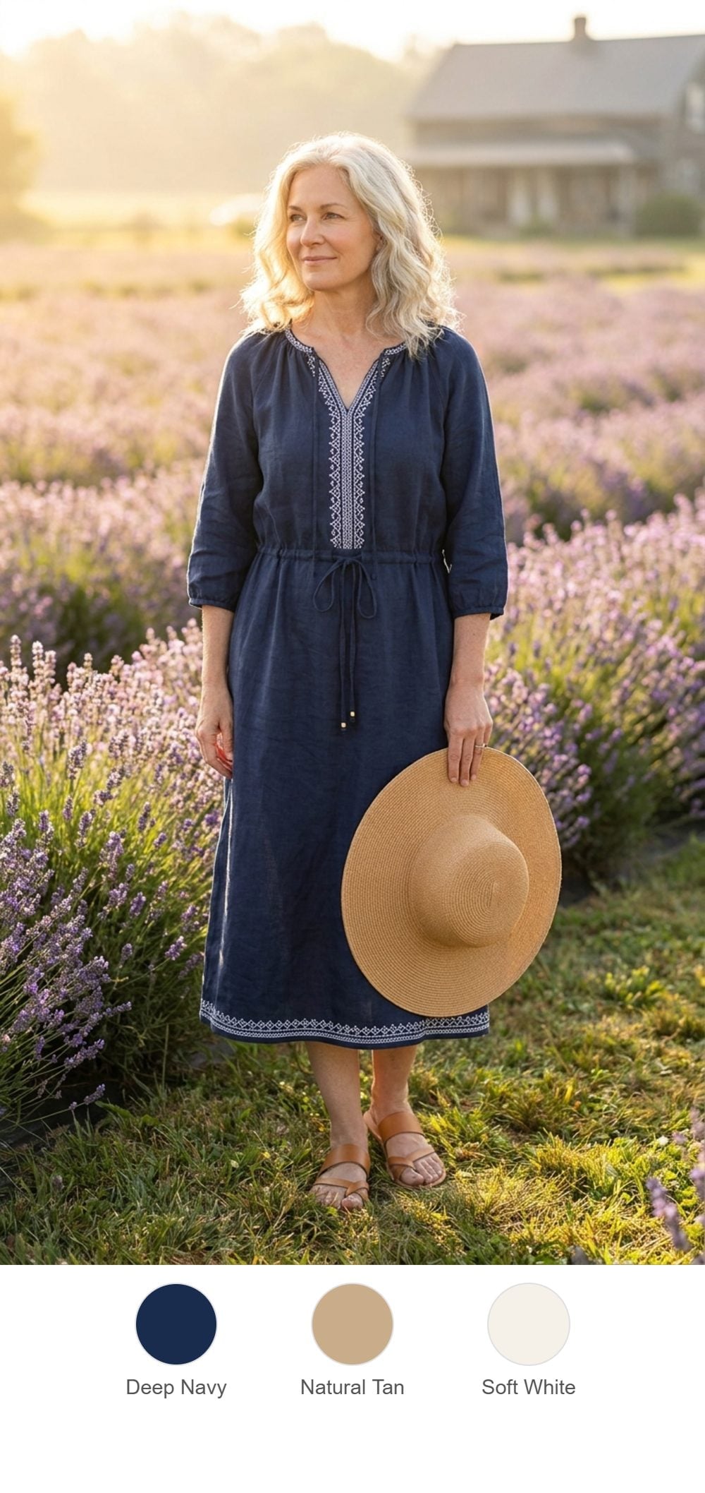 A Navy Linen Midi with White Embroidery and a Sun Hat That Means Business
