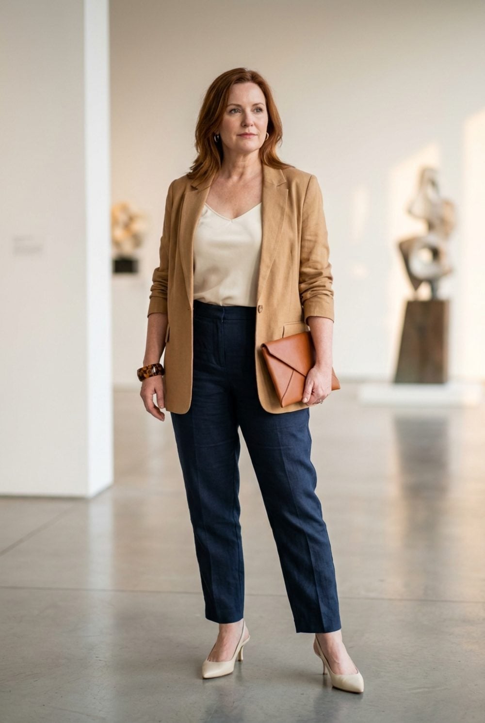 Navy Linen Trousers and a Camel Blazer Built for Gallery Openings and Boardrooms