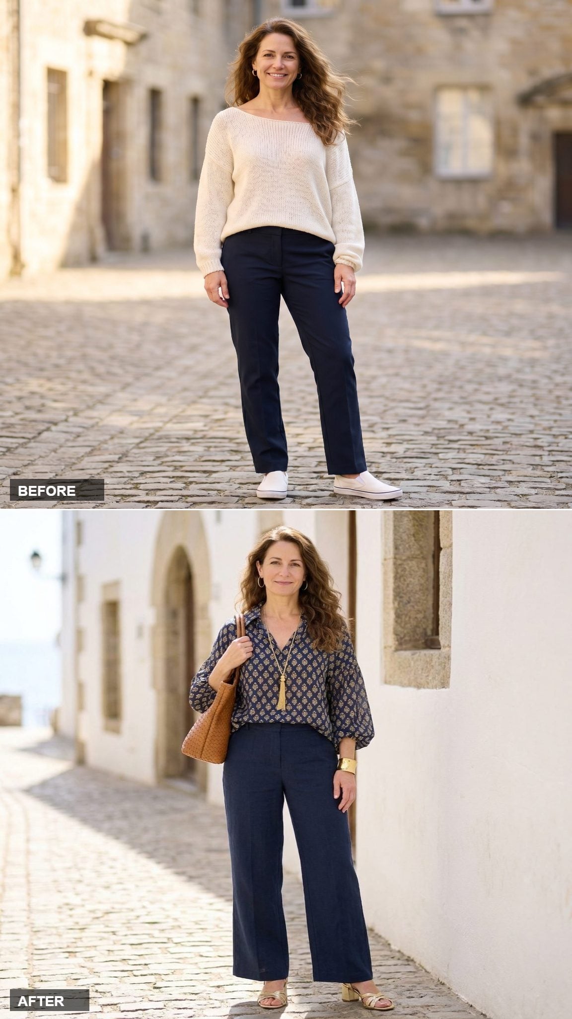 Navy Linen Wide-Legs and Gold Print Silk: The Monochrome Boho That Means Business