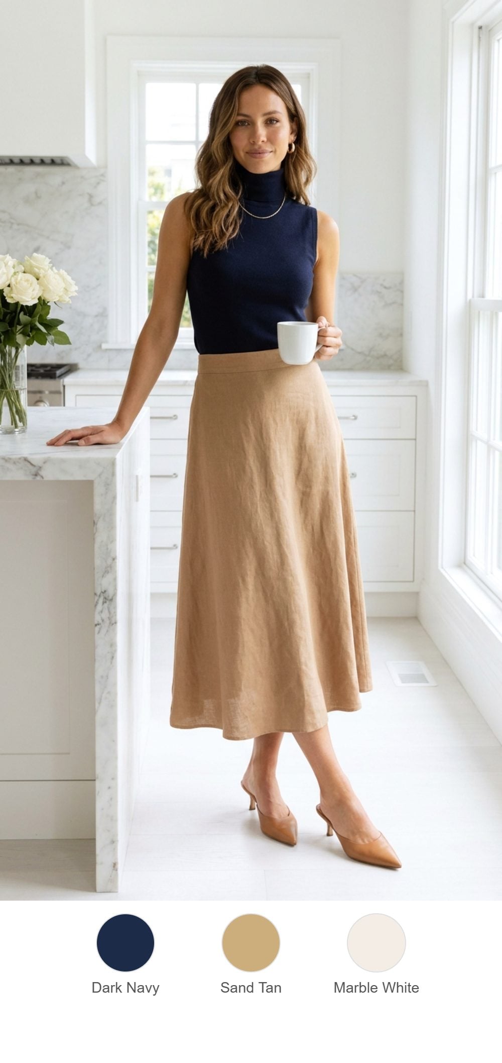Navy Sleeveless Turtleneck and a Tan Midi Skirt in a Kitchen Full of Morning Light