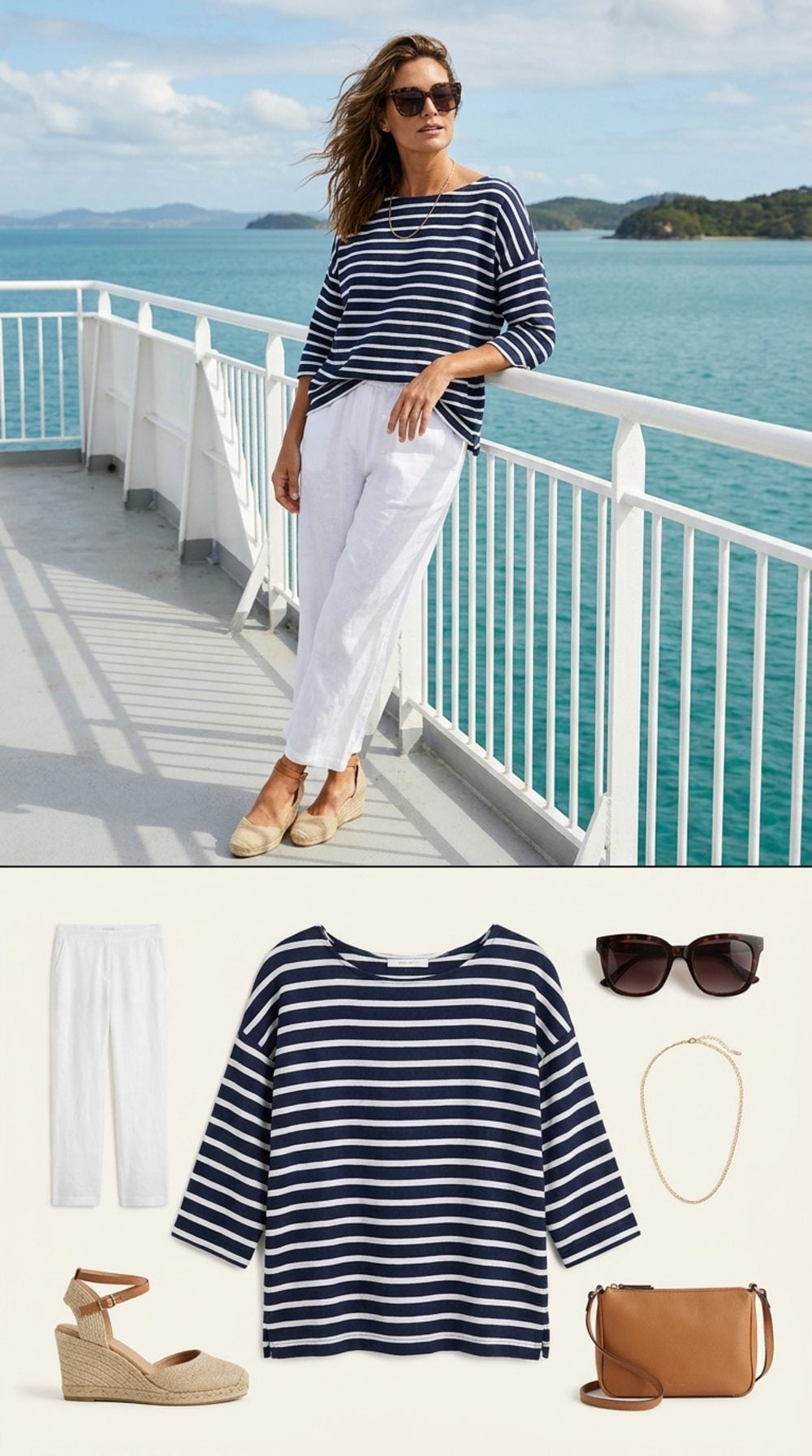 Navy Stripe Loose Top and White Linen Wide-Legs on the Ferry Deck