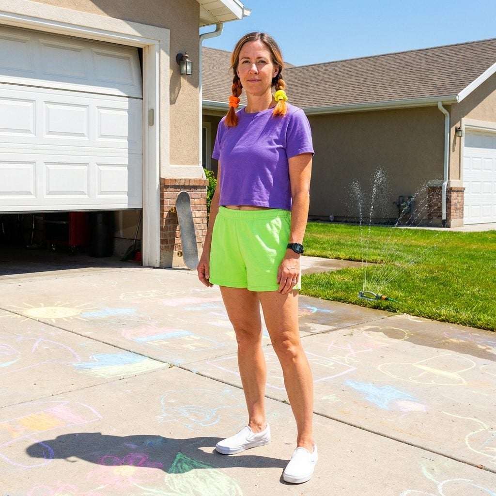Neon Green Shorts With a Purple Crop Top and Mismatched Scrunchies in the Hair