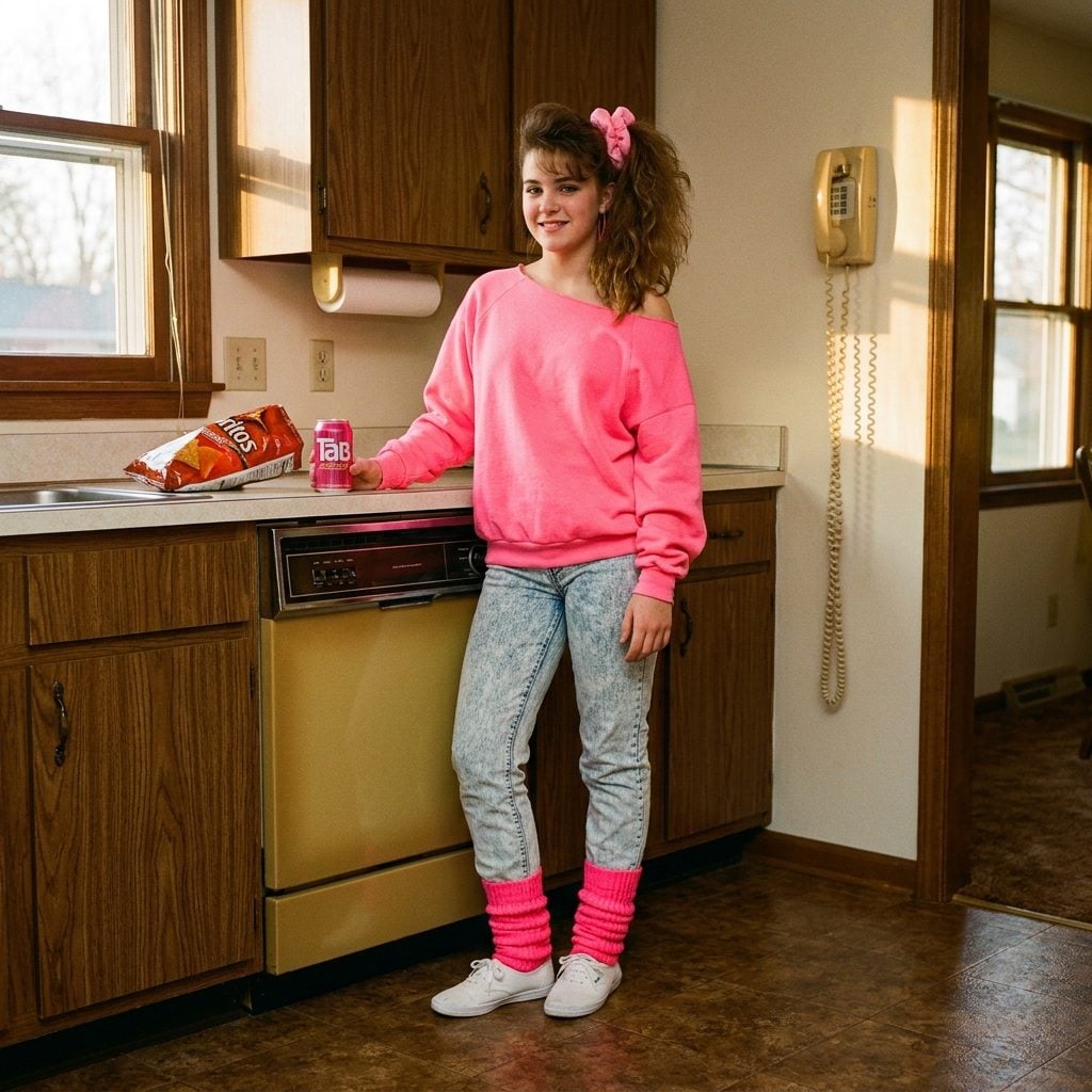 Neon Pink Leg Warmers Pulled Over Acid-Wash Jeans With a Matching Off-Shoulder Sweatshirt