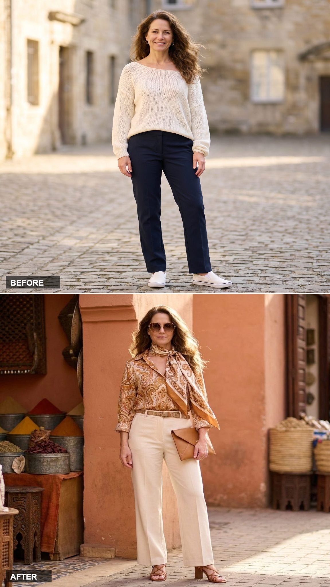 Ochre Paisley Silk Blouse, Wide-Leg Cream Trousers, and a Silk Scarf Tied Loose at the Neck