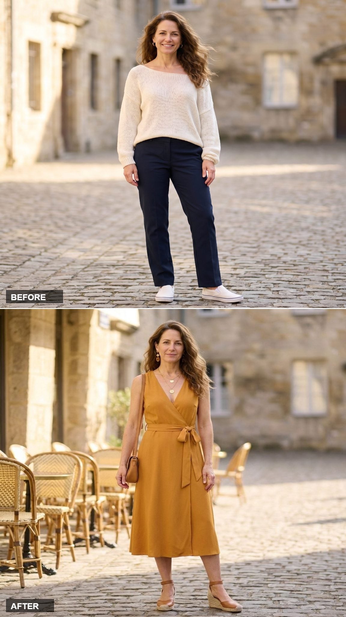 Ochre Wrap Dress and Wedge Espadrilles: The Mom-Jean Cure in Warm Crepe and Gold