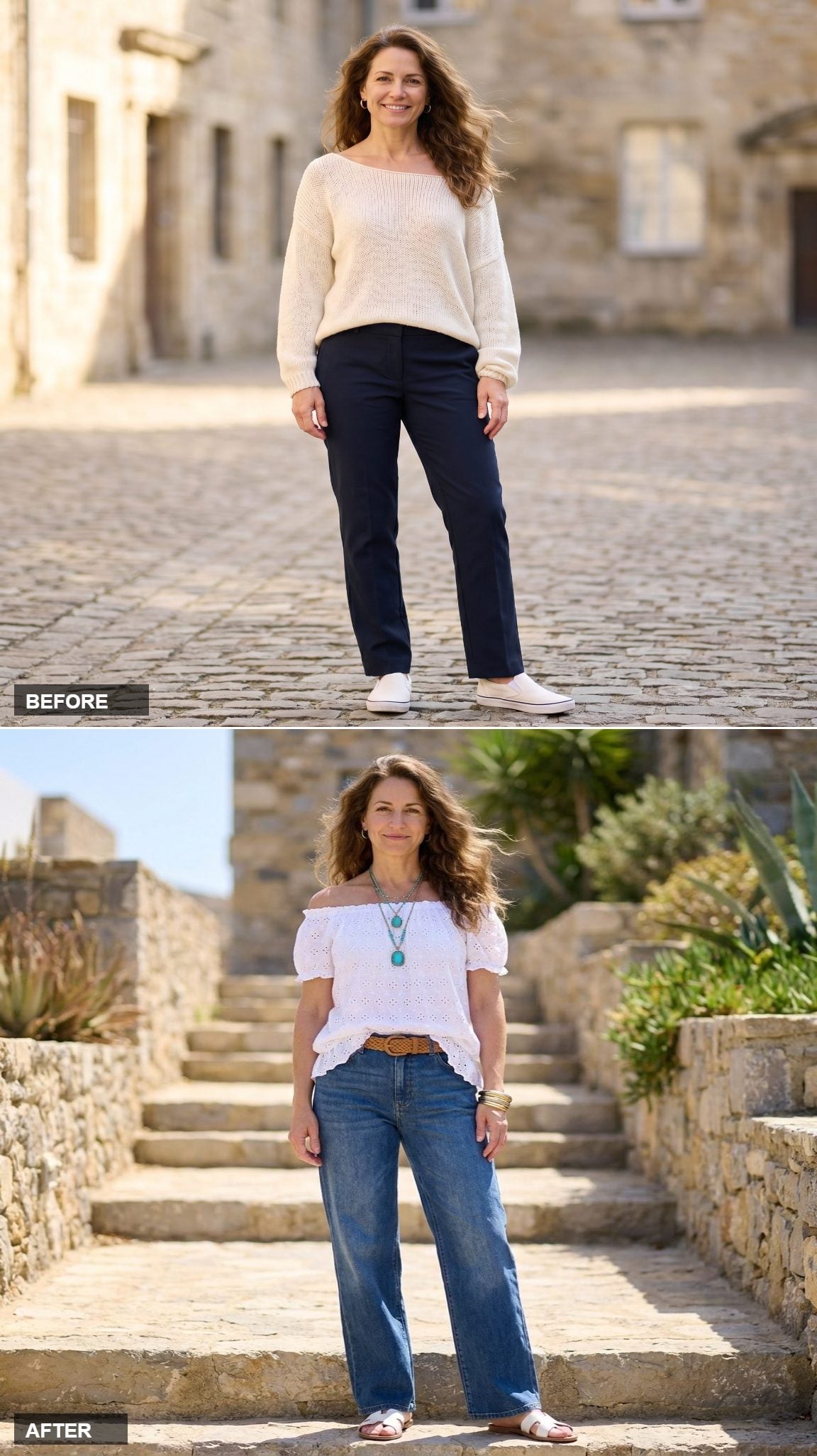 Off-the-Shoulder Broderie Top, Vintage Indigo Denim, and Turquoise Stones: Beach Town Cool