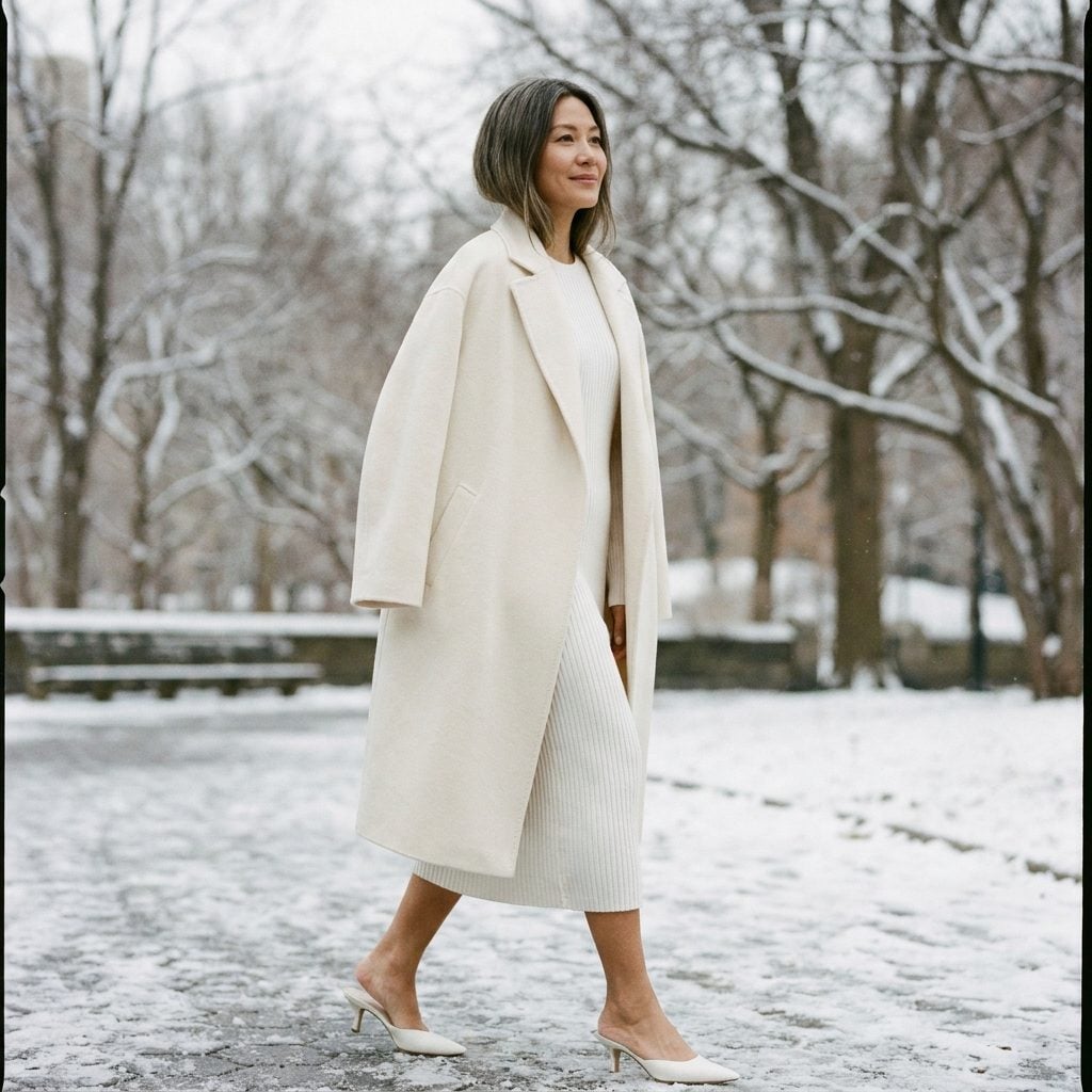 An Off-White Cashmere Coat Open Over a White Ribbed Midi Dress and Kitten Mules in a Winter City Park: Layered Whites That