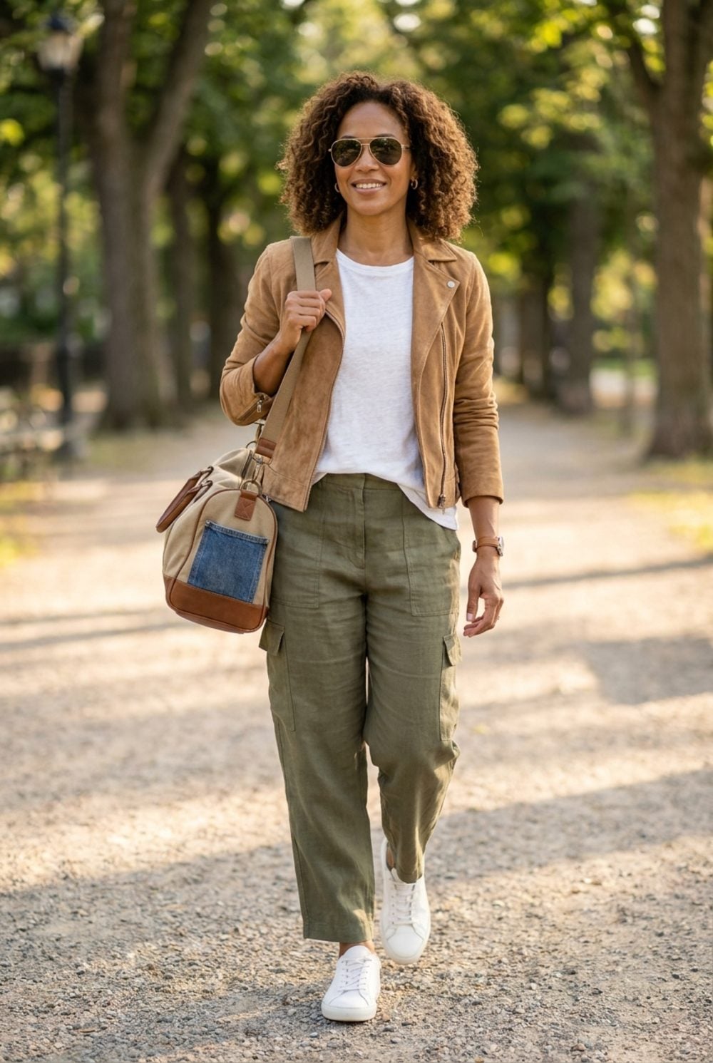 Olive Linen Cargo Trousers Get a Suede Moto Jacket and Suddenly Feel Intentional