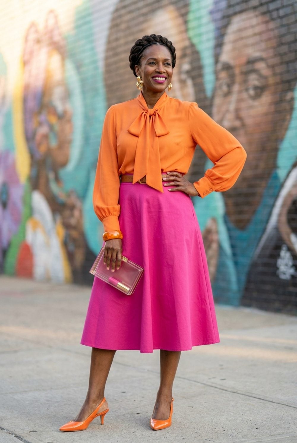 Orange Pussy-Bow Blouse and Hot Pink A-Line Skirt, Worn Like a Declaration