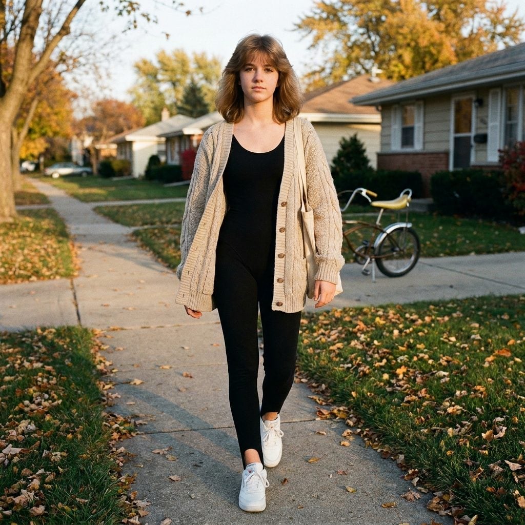 Oversized Cardigan Worn as a Coat Over a Leotard and Stirrup Pants