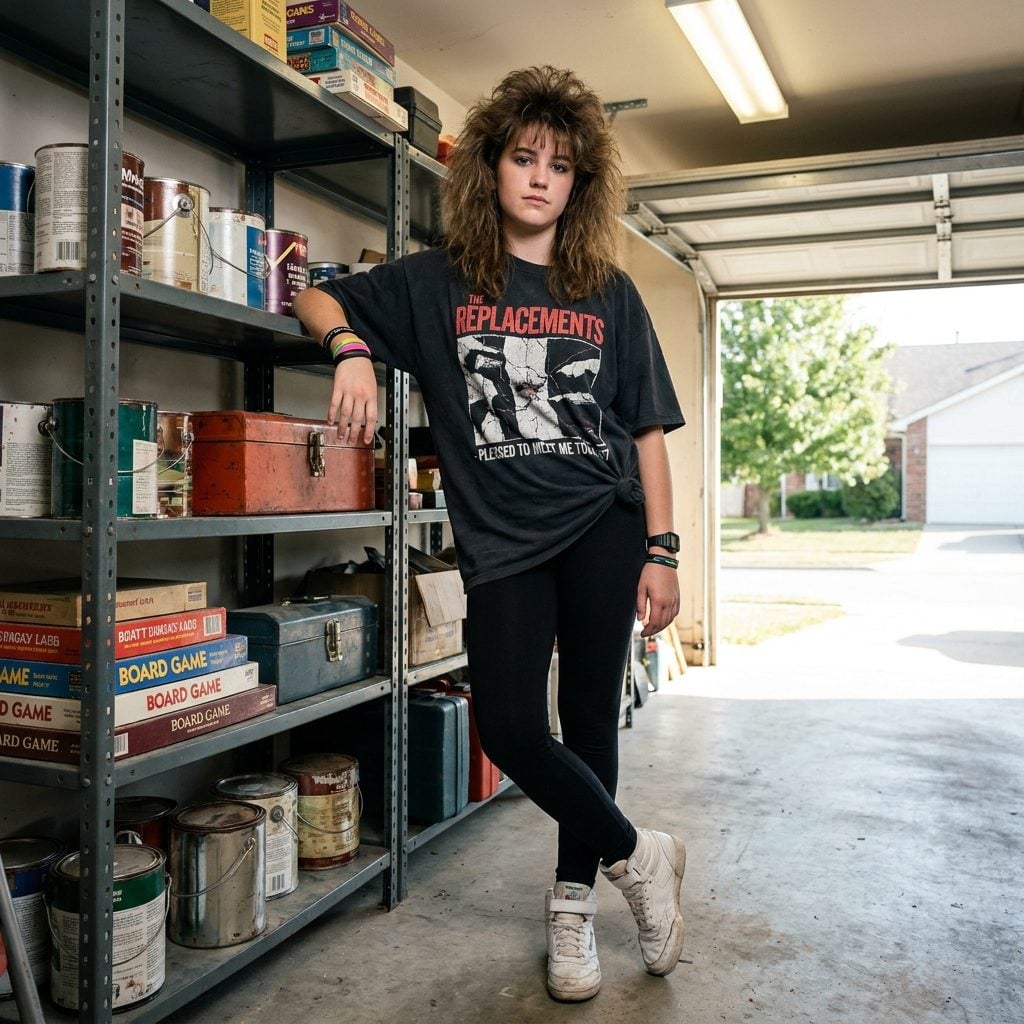 An Oversized Concert Tee Knotted at the Hip Over Leggings and High-Top Reeboks