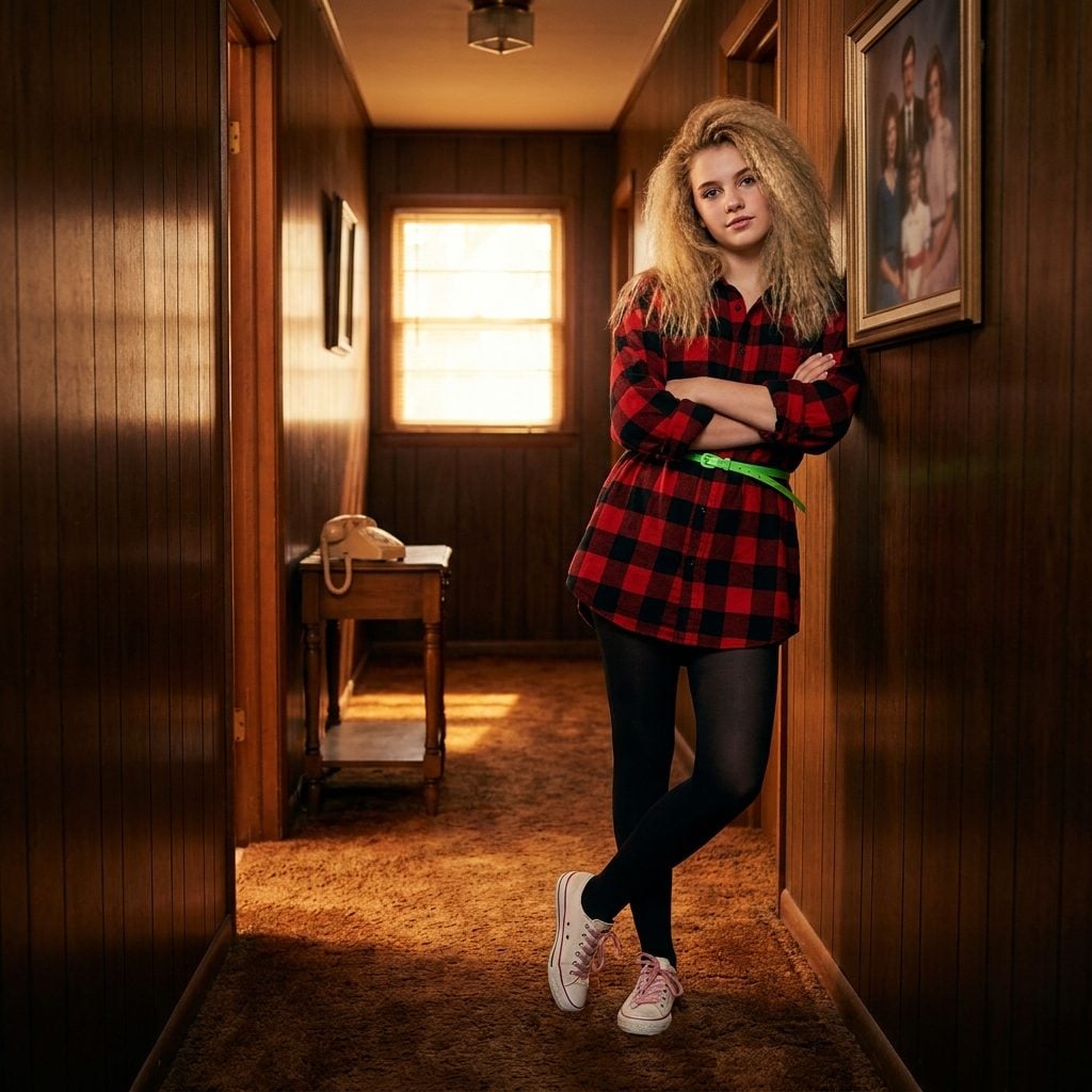 The Oversized Flannel Shirt Worn as a Dress, Belted With a Thin Neon Plastic Belt