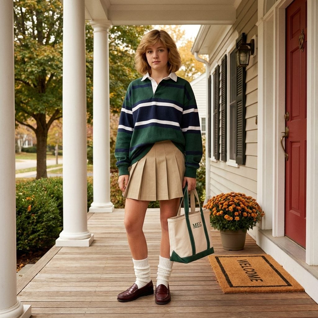 Oversized Rugby Shirt Tucked Into a Pleated Skirt With White Slouch Socks and Loafers