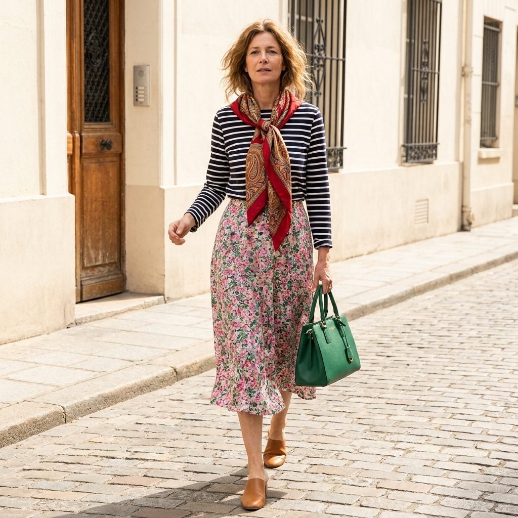 Pairing a Bold Printed Scarf with an Already Patterned Outfit and a Colorful Bag