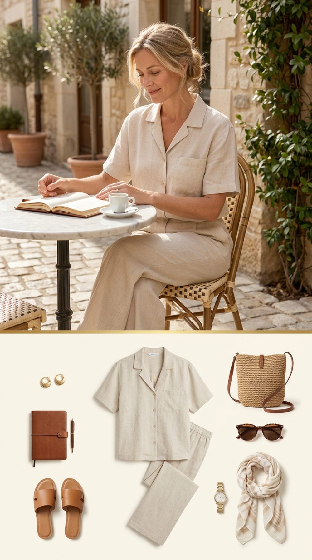 Pale Linen Matching Set with Wide-Leg Trousers: The Morning She Started Writing It Down
