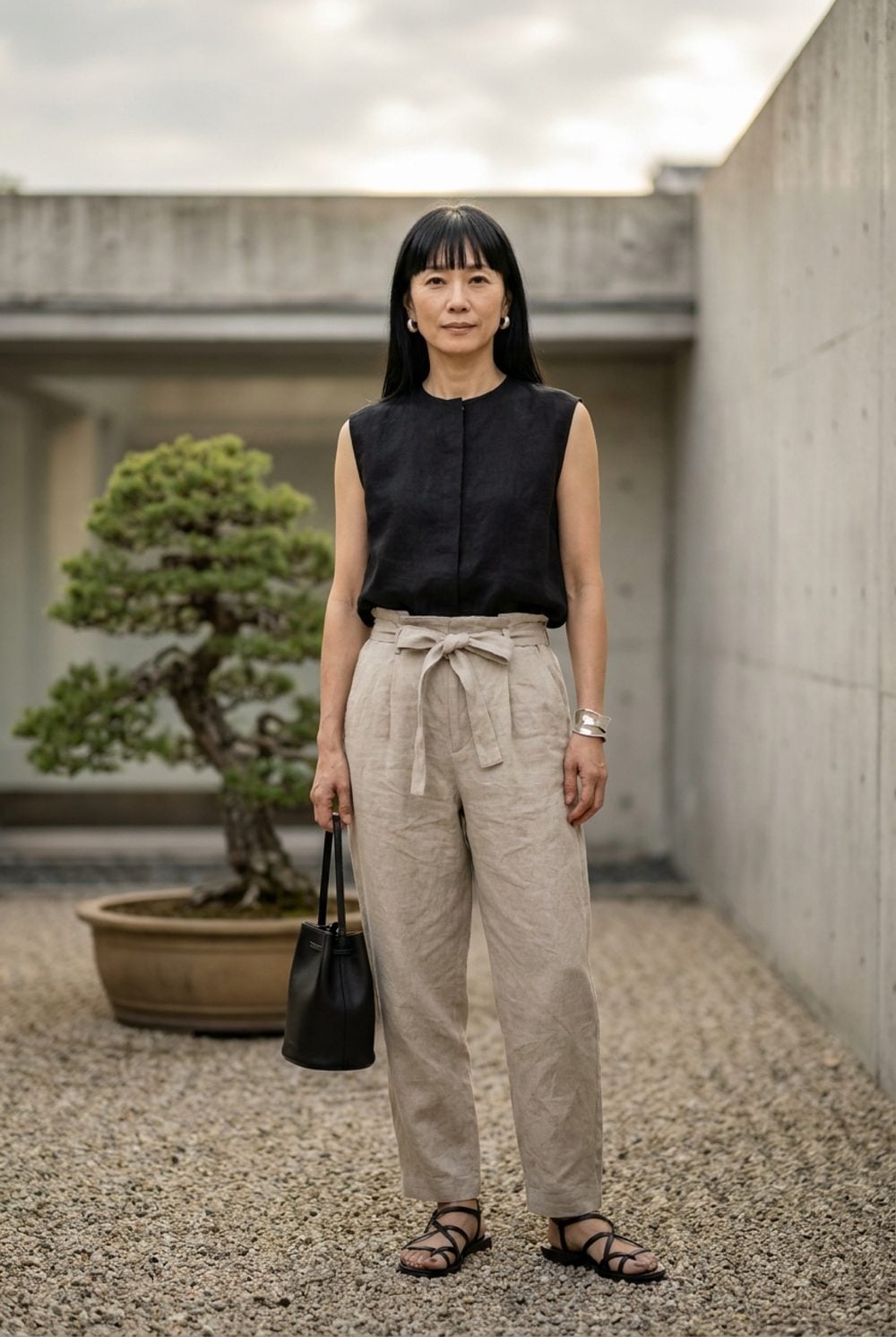 Paperbag Waist Linen in Natural Flax Anchored by a Black Sleeveless Shell