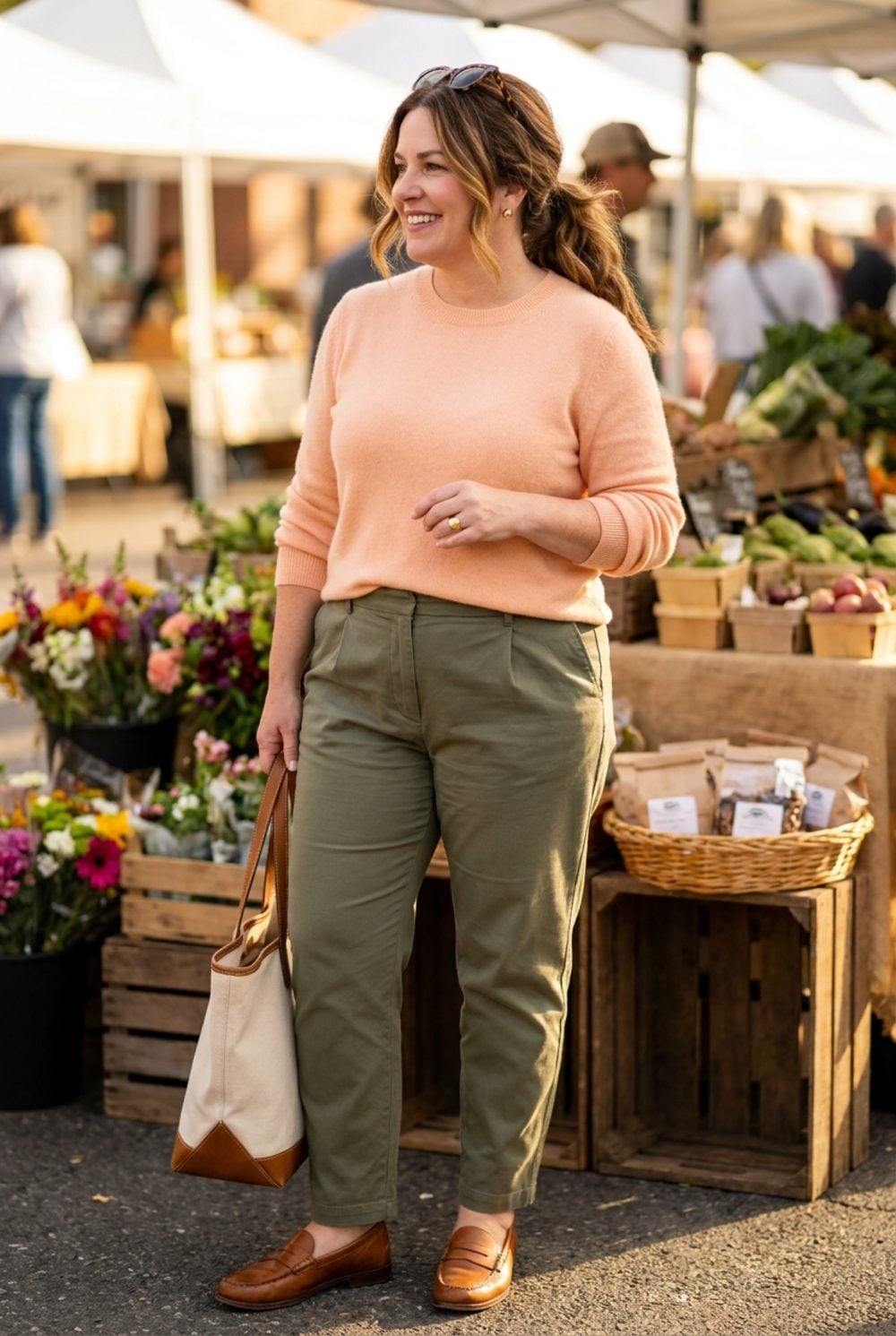 Peach Cashmere Crewneck Over Olive Chinos at the Farmers Market, Unhurried