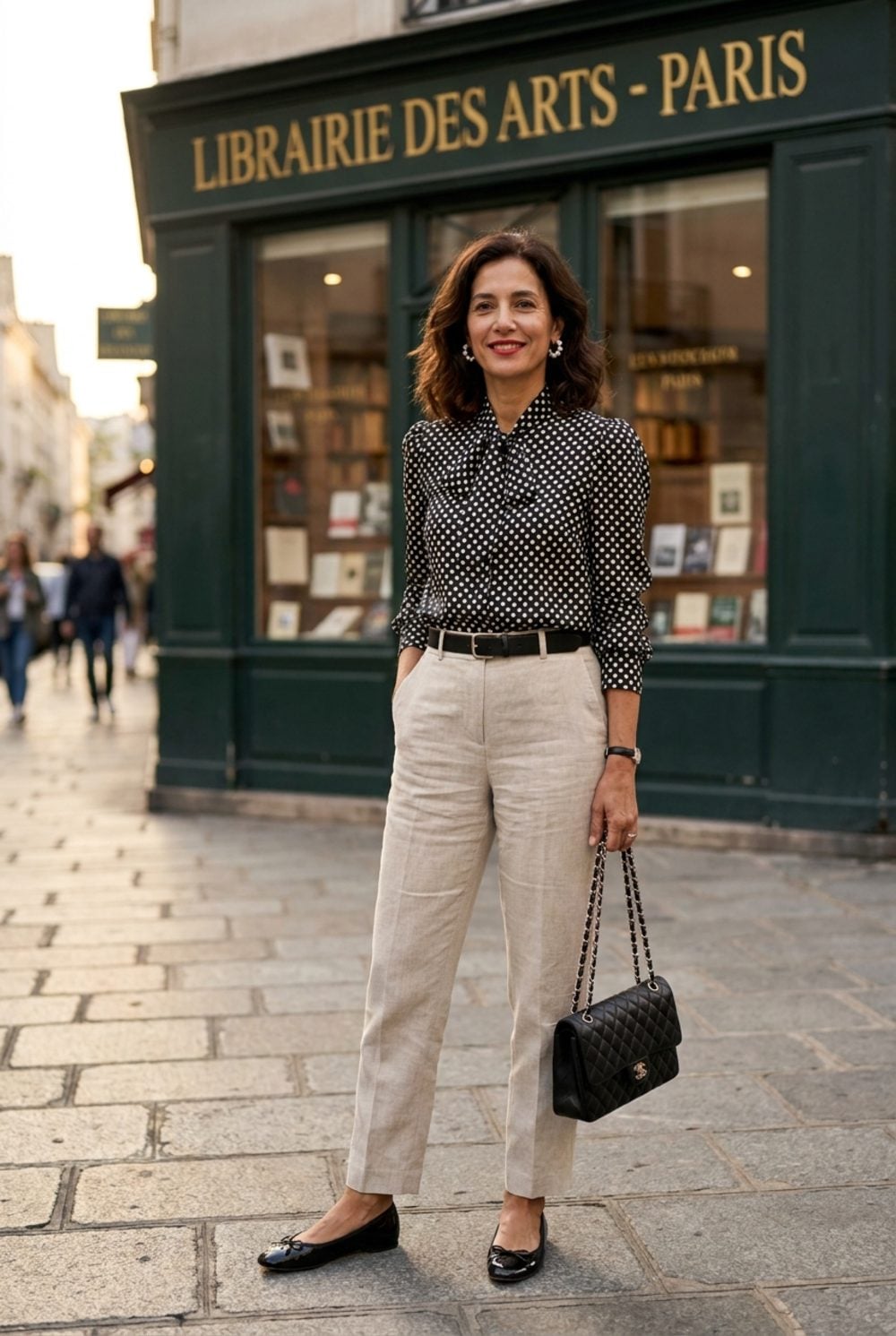 Polka Dot Pussy Bow and Natural Linen Trousers: Left Bank Dressing, No Costume Required