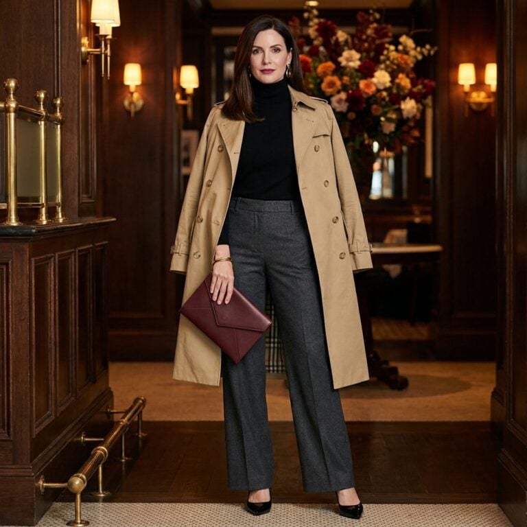Power Shoulders Over a Turtleneck and Wool Trousers for a Client Dinner