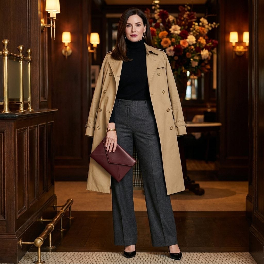 Power Shoulders Over a Turtleneck and Wool Trousers for a Client Dinner
